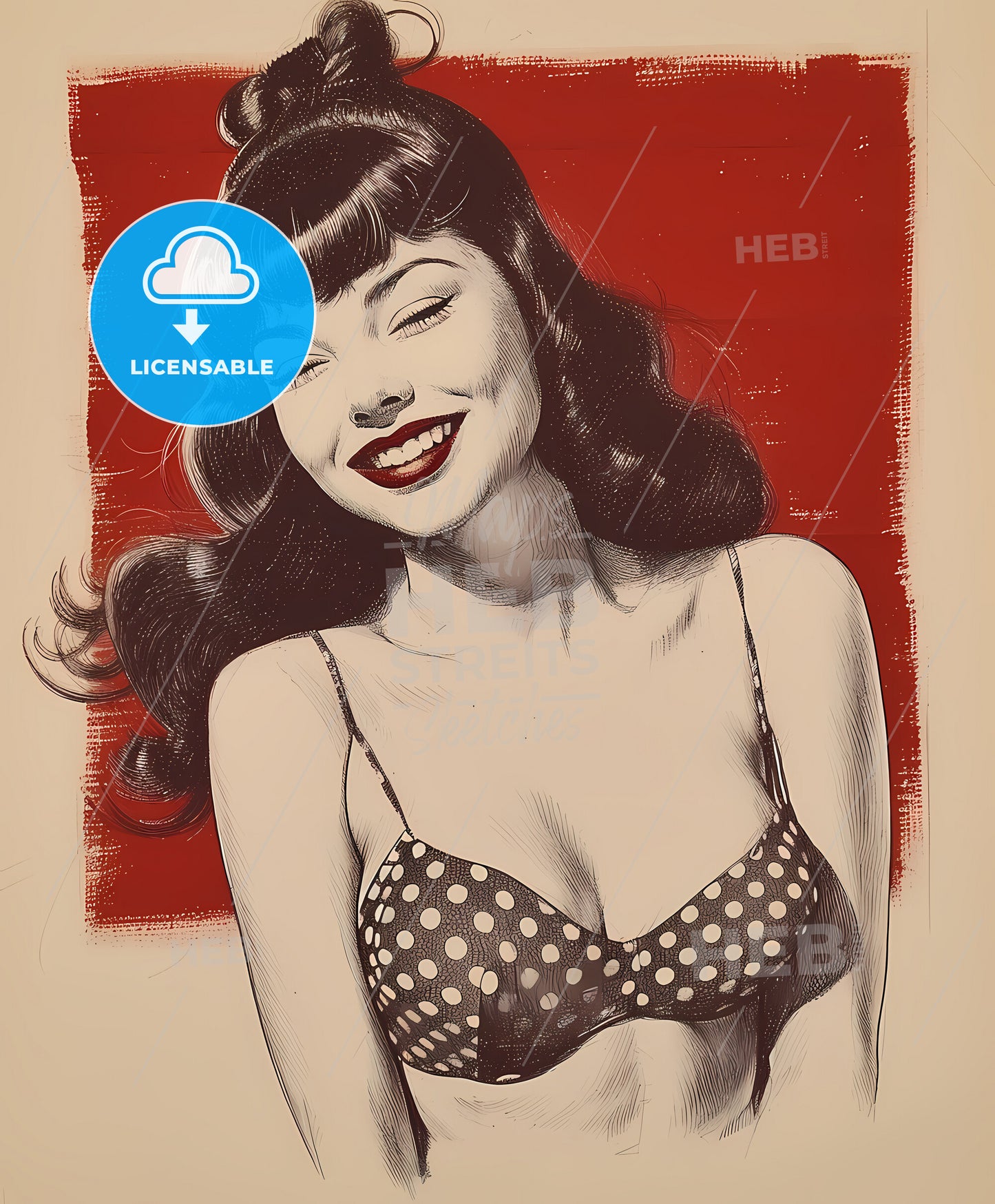 Beautiful, polka dot dress, moochrome ink sketch, a woman in a garment