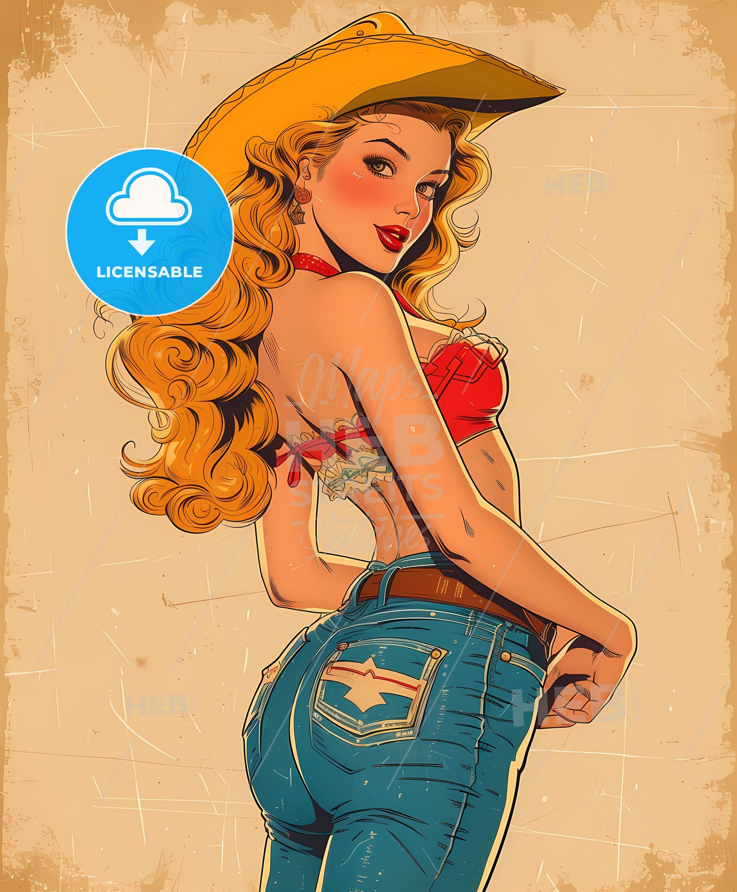 Beautiful , cowgirl, Vintage art illustration, a woman in a cowboy hat