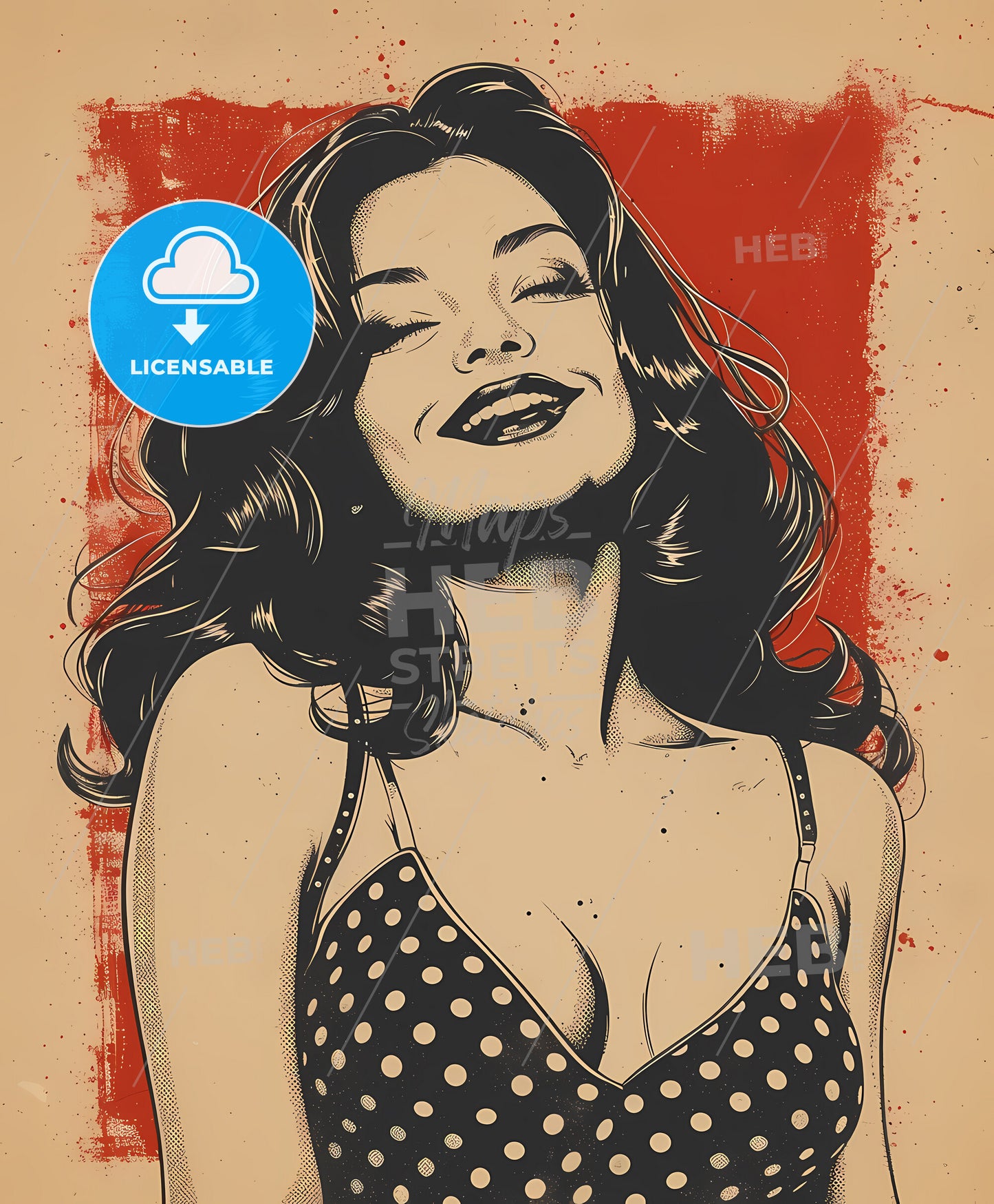 Beautiful, polka dot dress, moochrome ink sketch, a woman in a polka dot dress