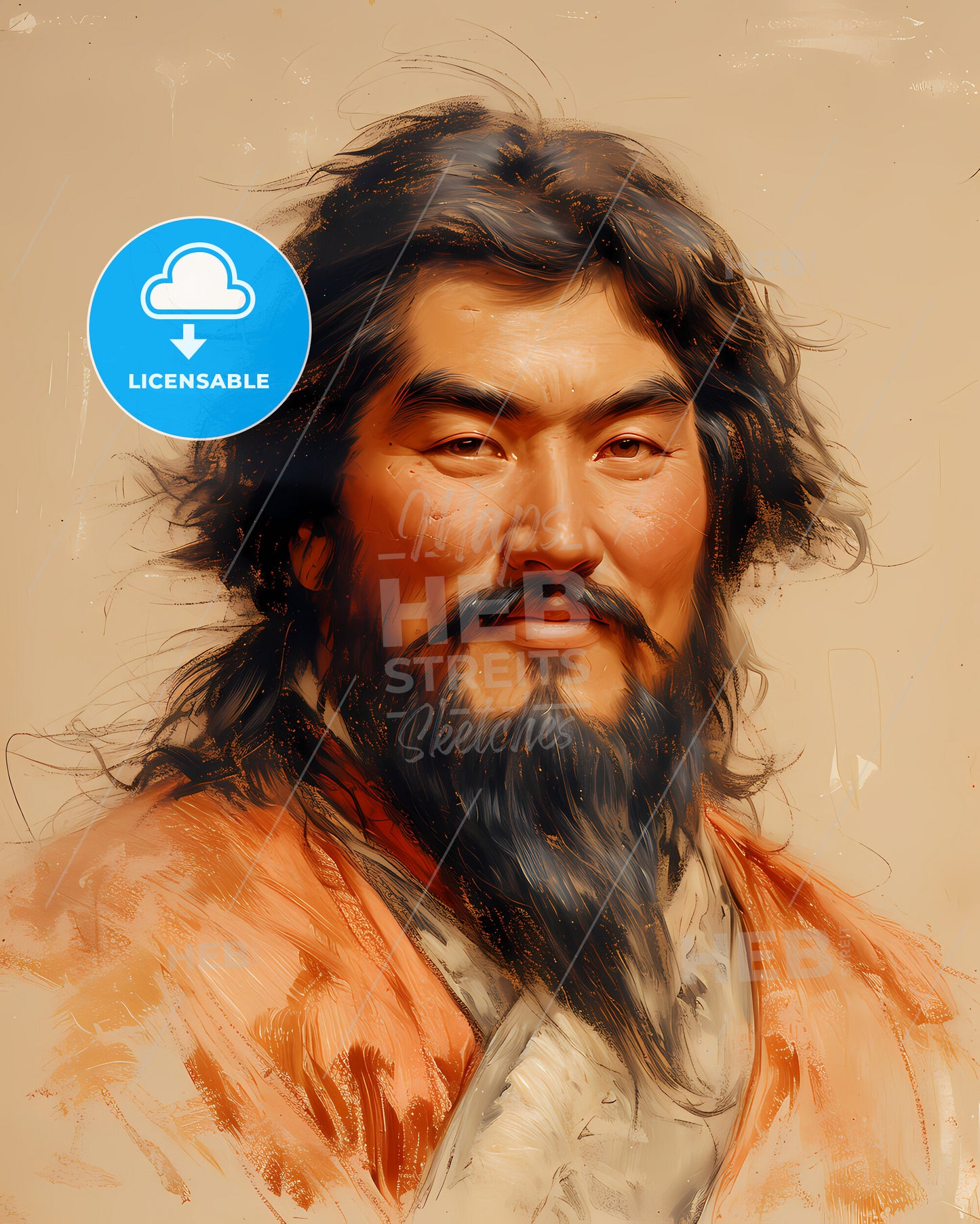 Genghis, Khan, c. 1162 - 1227, a painting of a man with a long beard