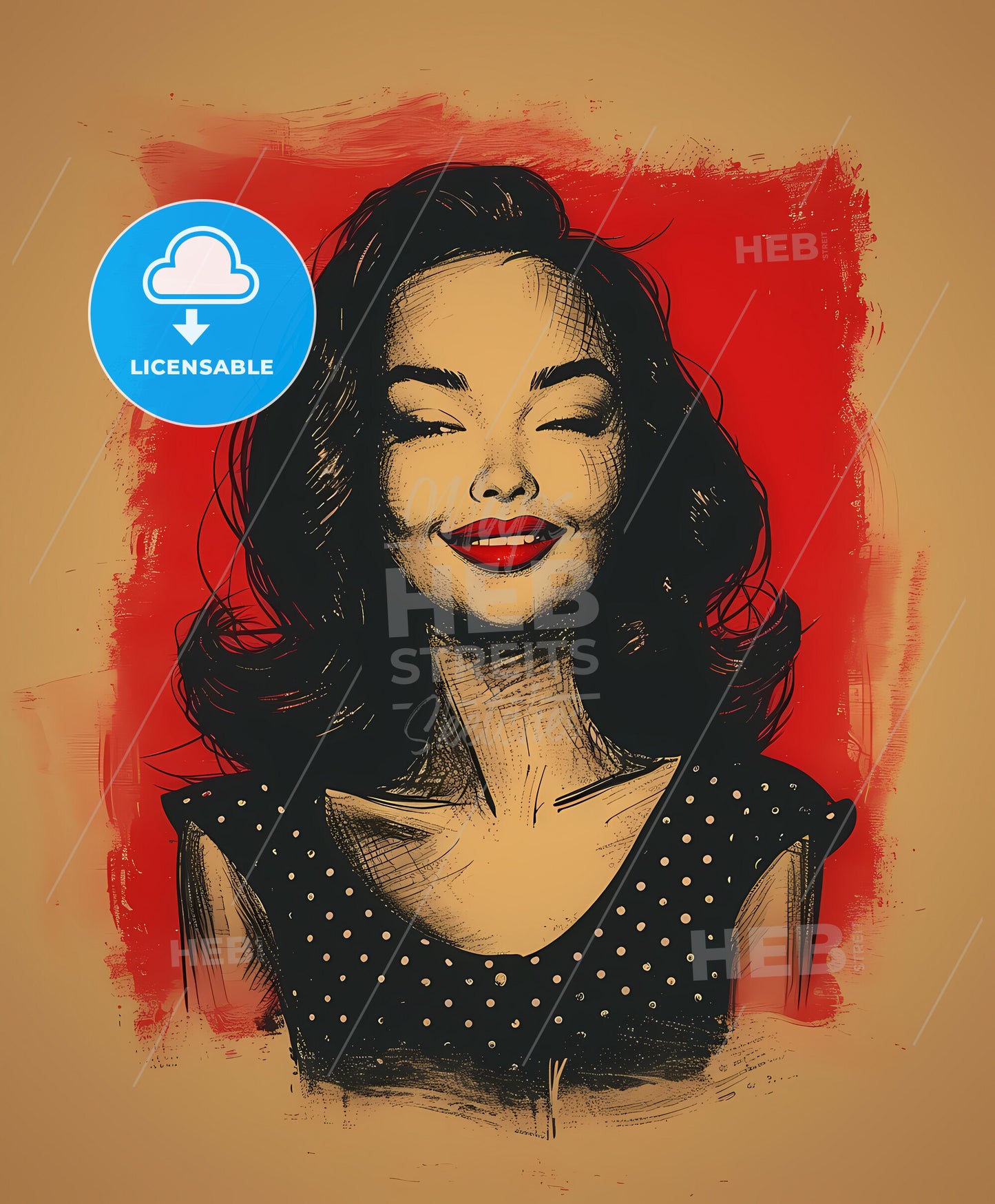 Beautiful, polka dot dress, moochrome ink sketch, a woman with her eyes closed