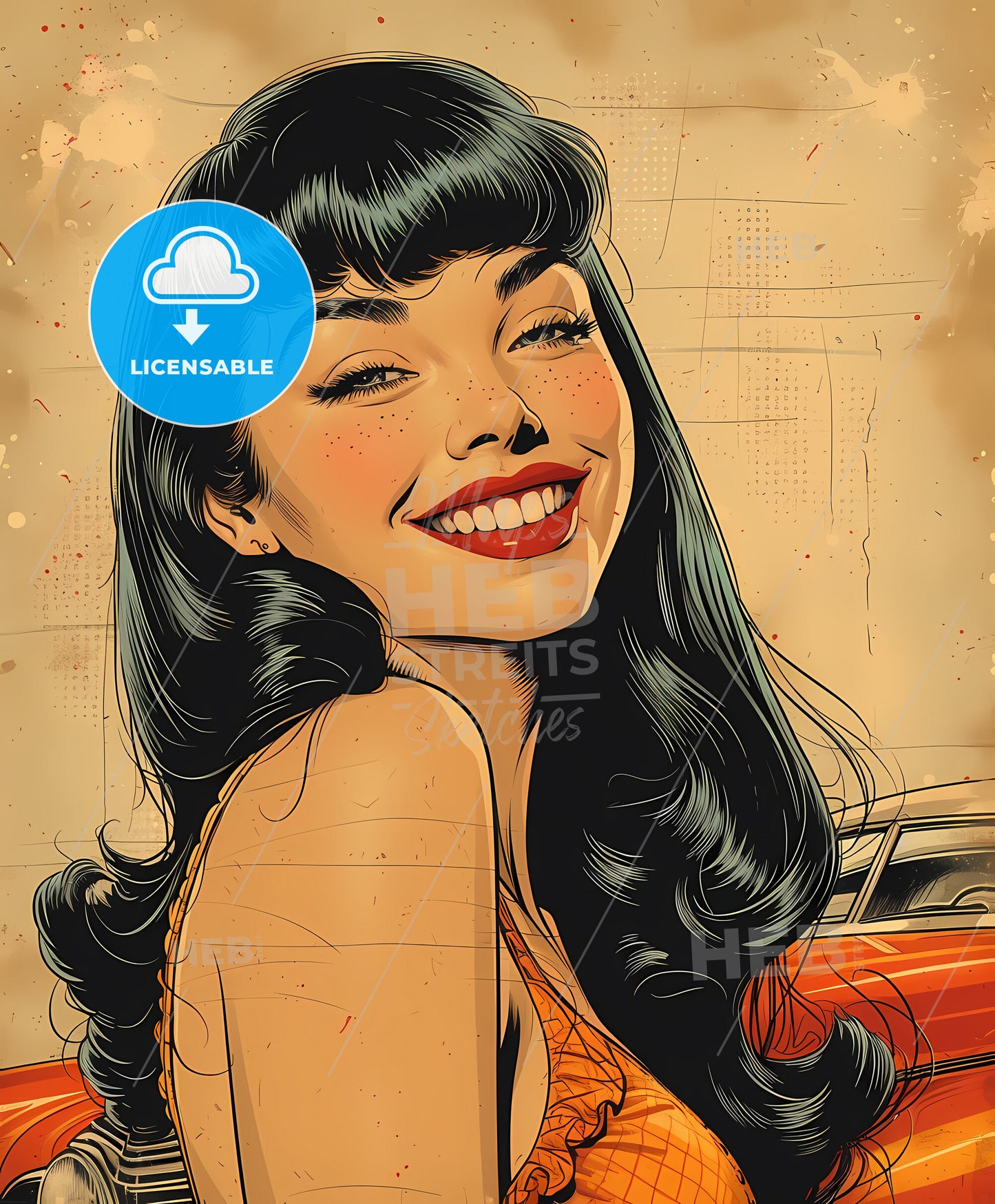 Portrait, Pin-up, moochrome ink sketch portrait, a woman with long black hair and red lips smiling