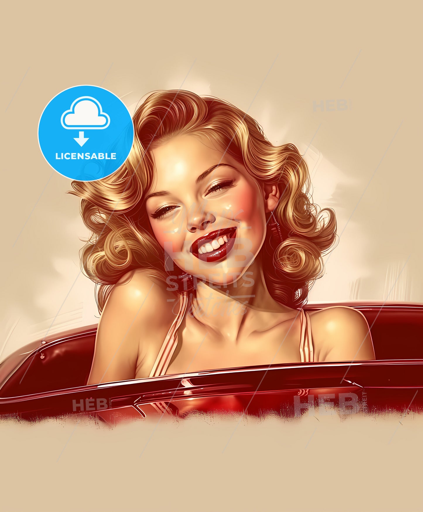 Beautiful, vintage car, sweeping overdrawn lines, a woman smiling in a car