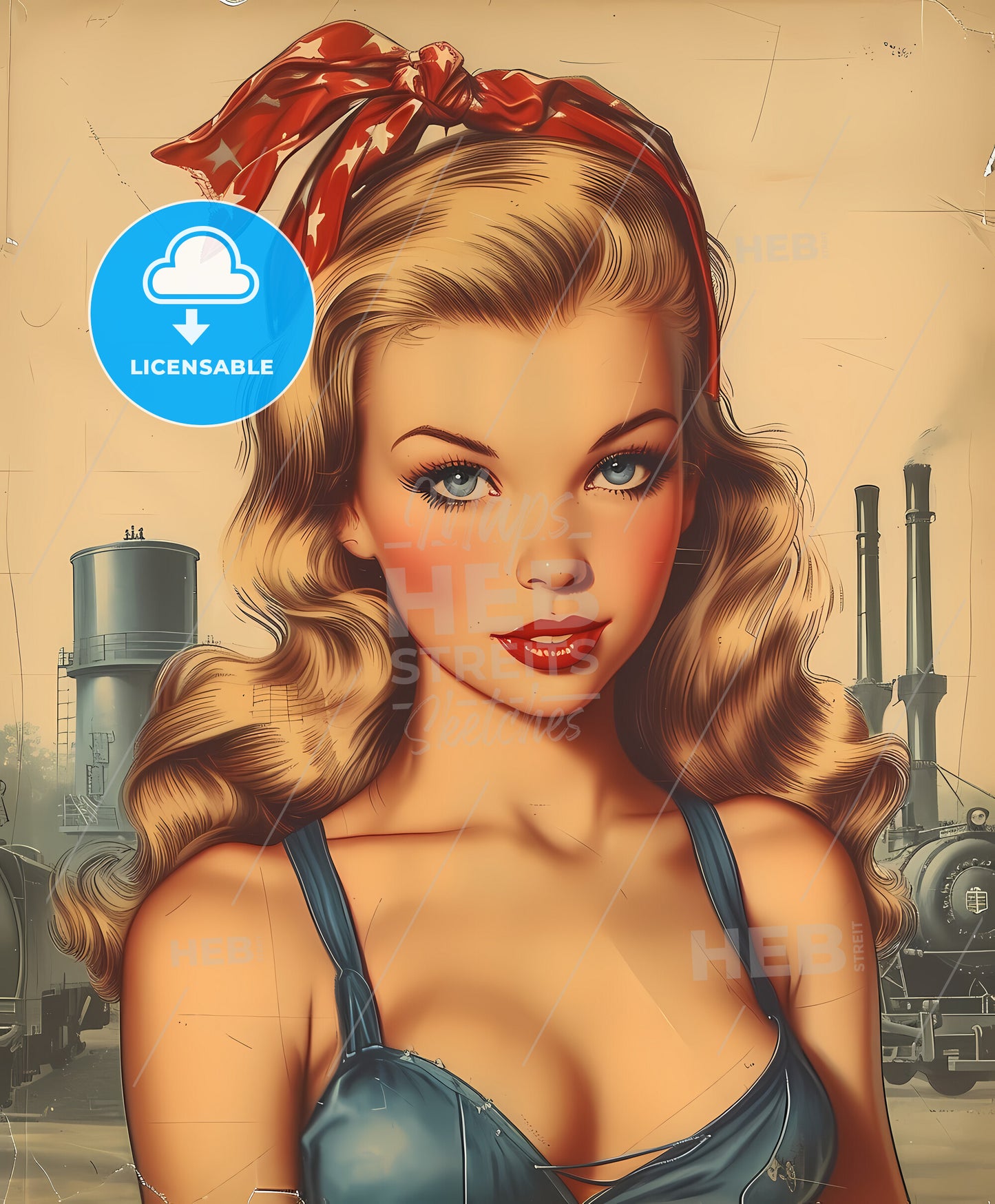 Ginger, young woman, industrial setting, a woman with a red bow on her head