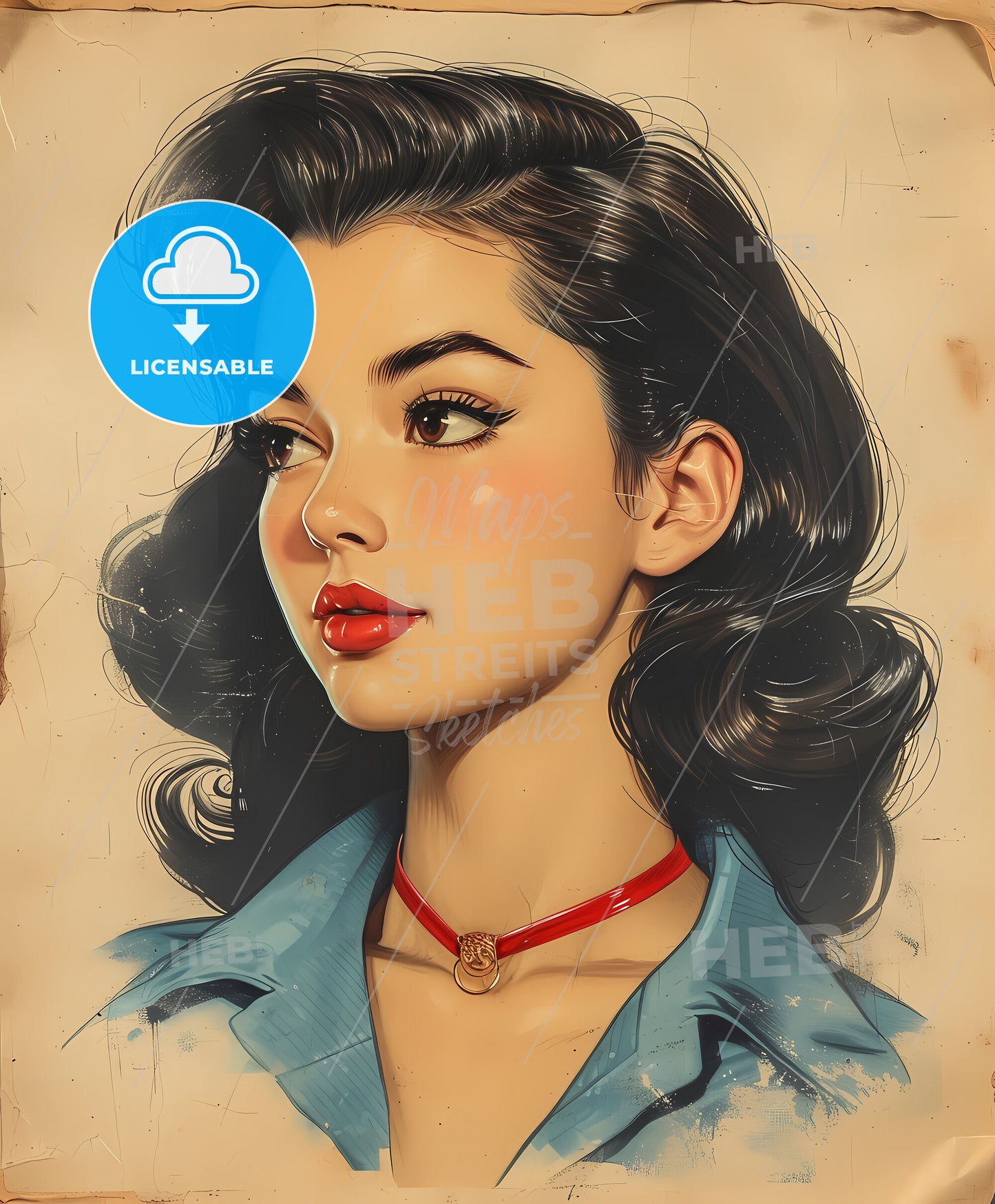 stewardess, vintage pin-up, a woman with long black hair and red necklace