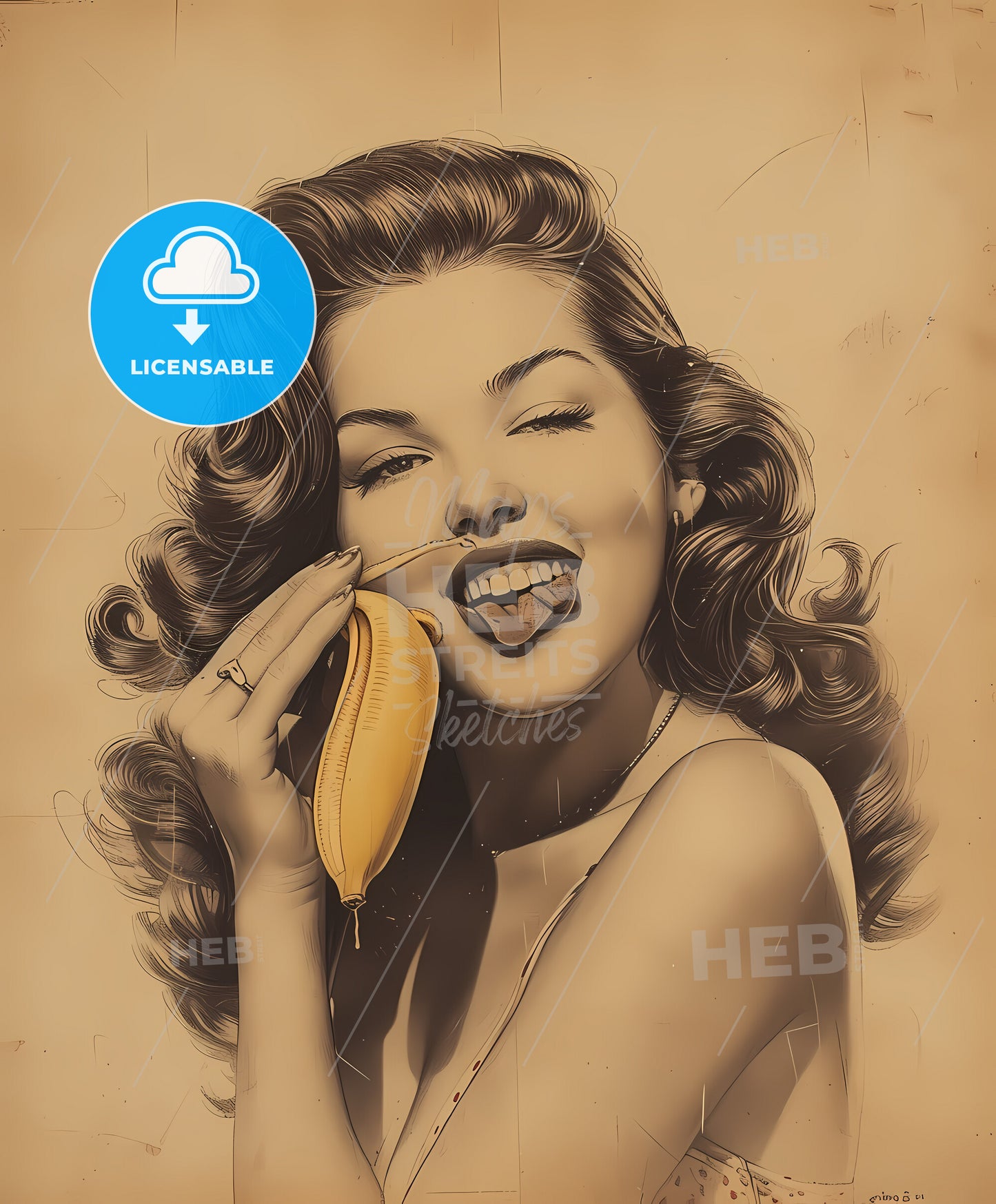 pretty girl, trendy makeup, film noir style, a woman holding a banana