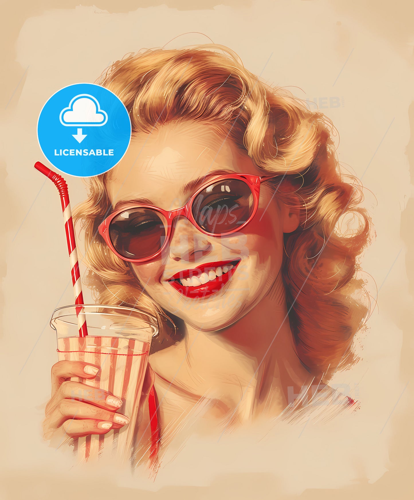 watch over sunglasses, watch over sunglasses, sweeping overdrawn lines, a woman wearing sunglasses and holding a straw