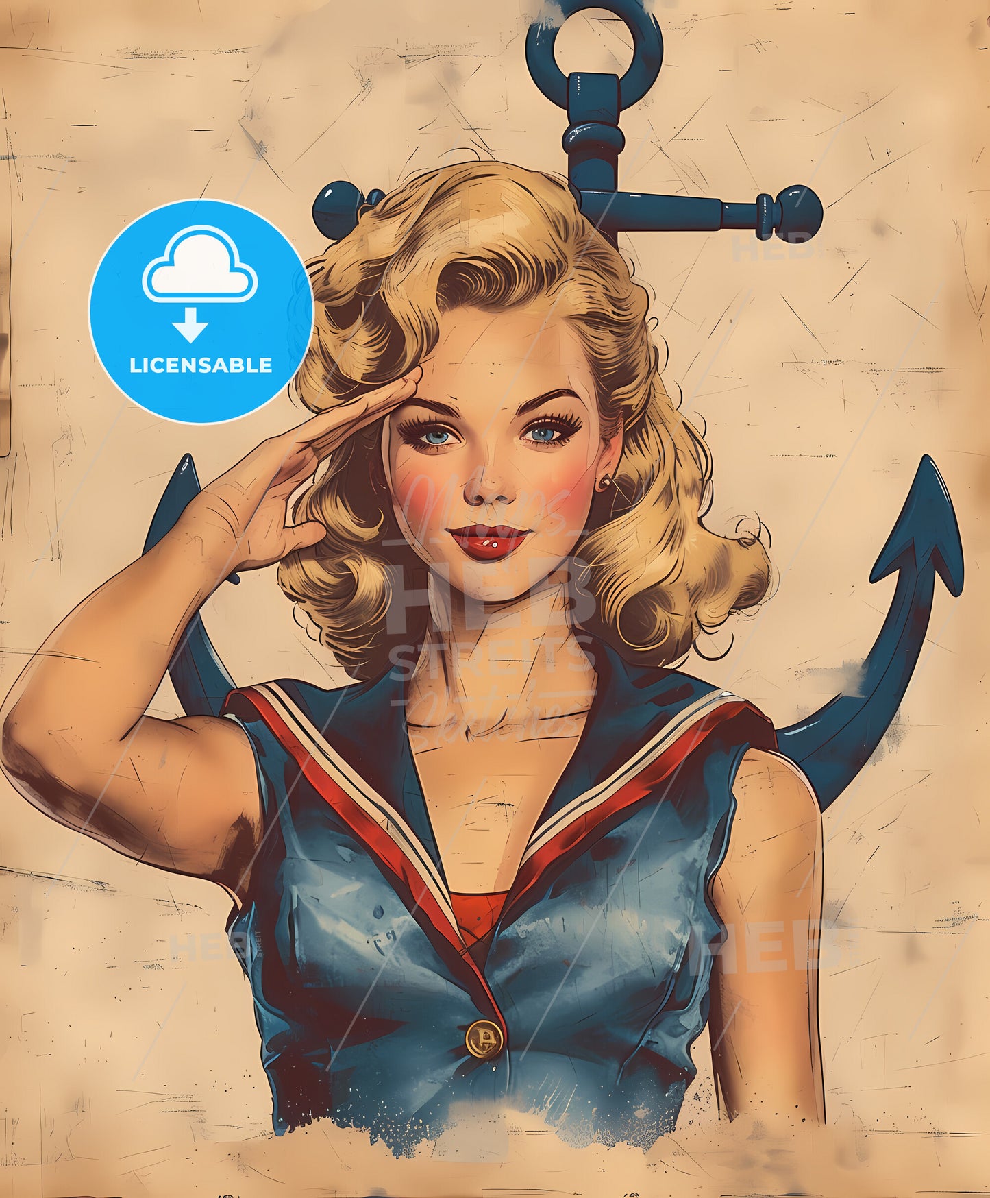 sailor, girl, a woman saluting with an anchor above her head