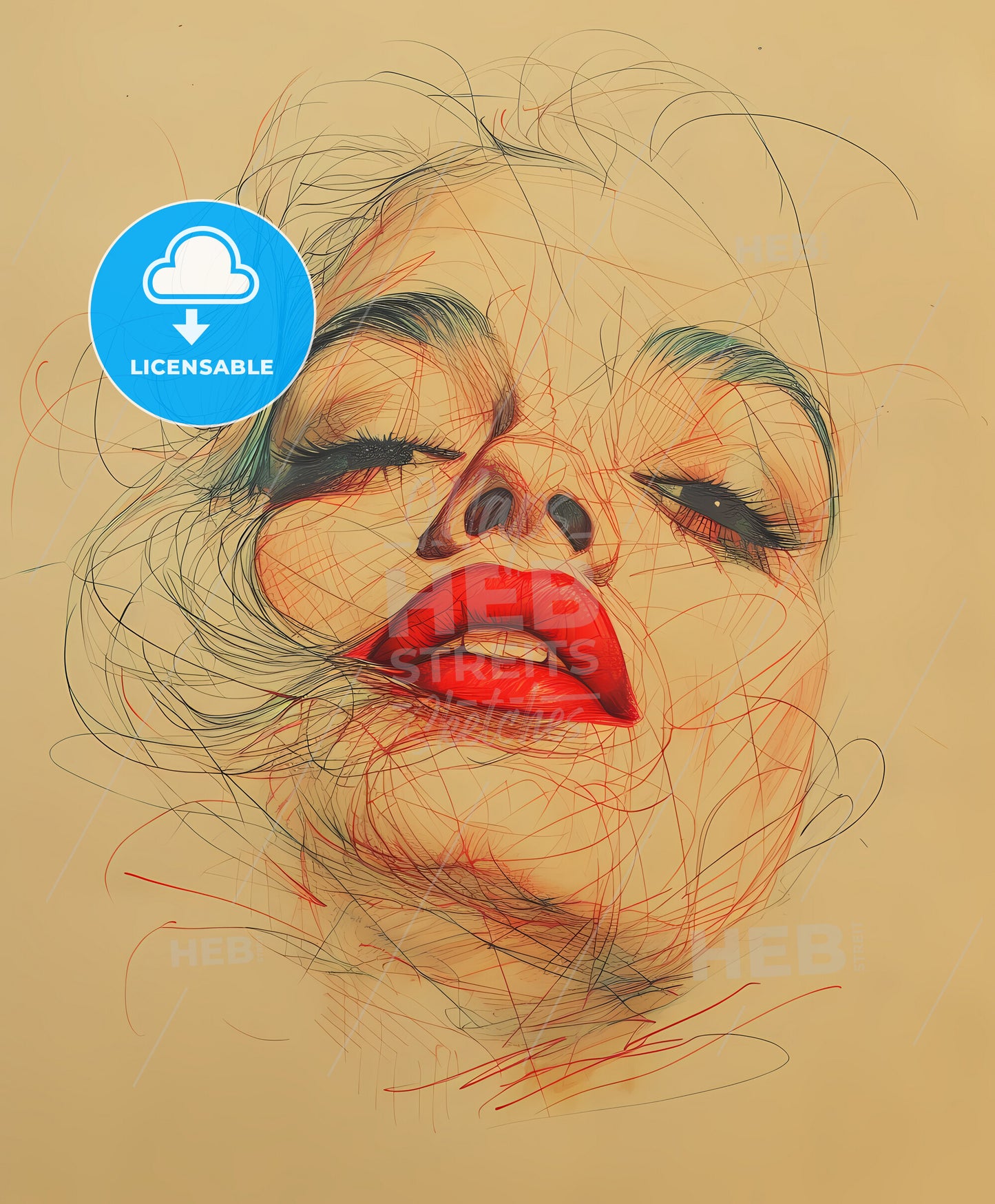 film, noir, vintage pin-up art, a woman with red lips and red lipstick