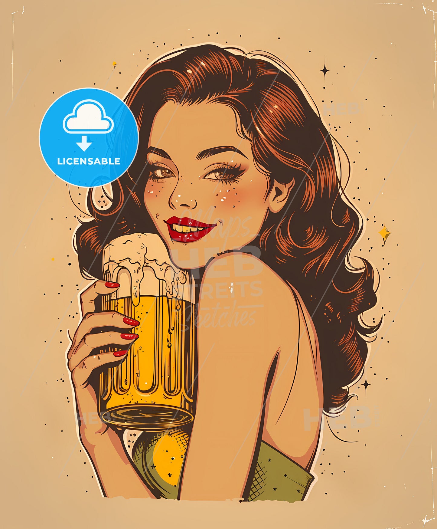 Oktoberfest, woman with beer, pin-up pop art, a woman holding a glass of beer