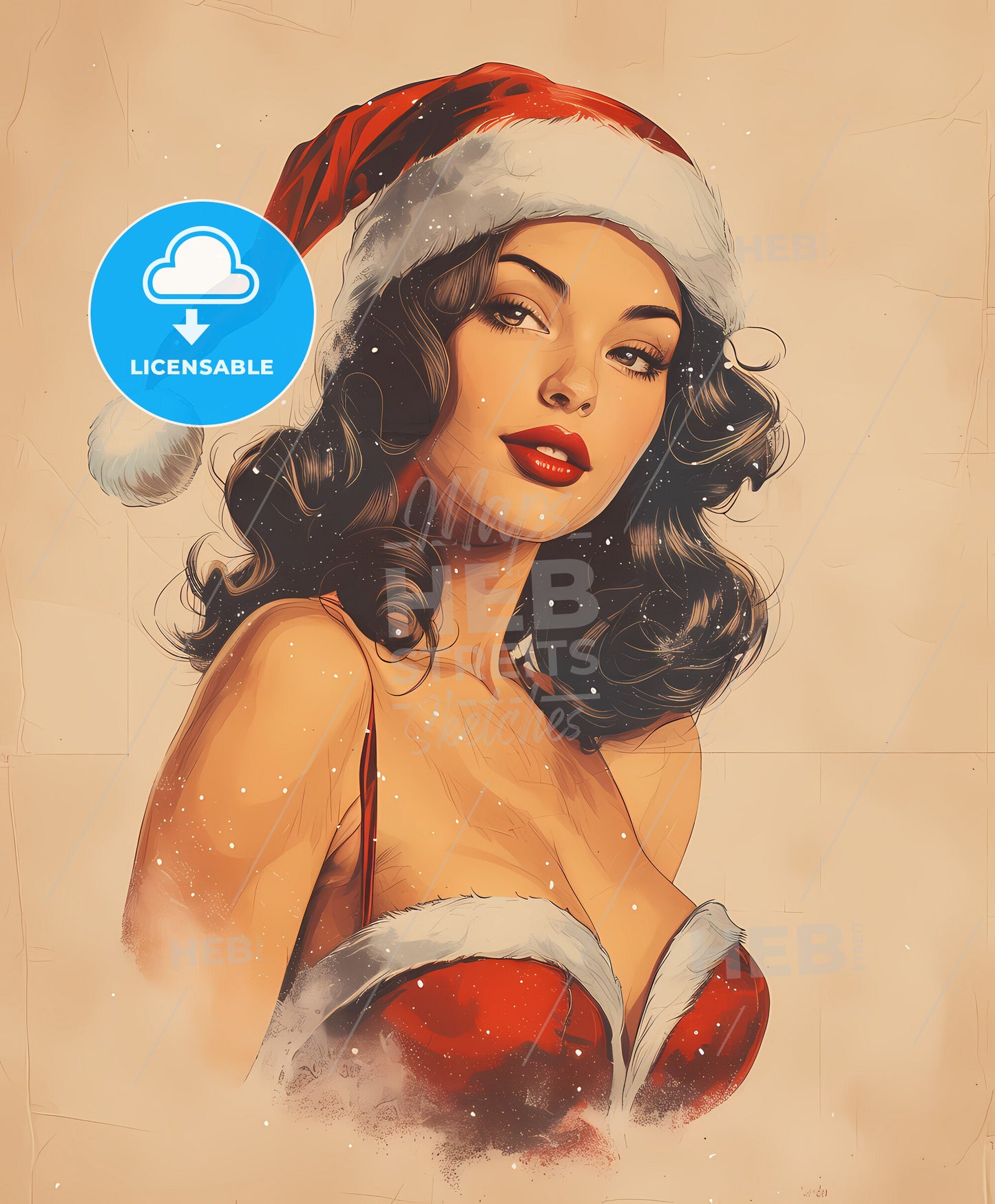 Beautiful , santa, sweeping overdrawn lines, a woman wearing a santa hat