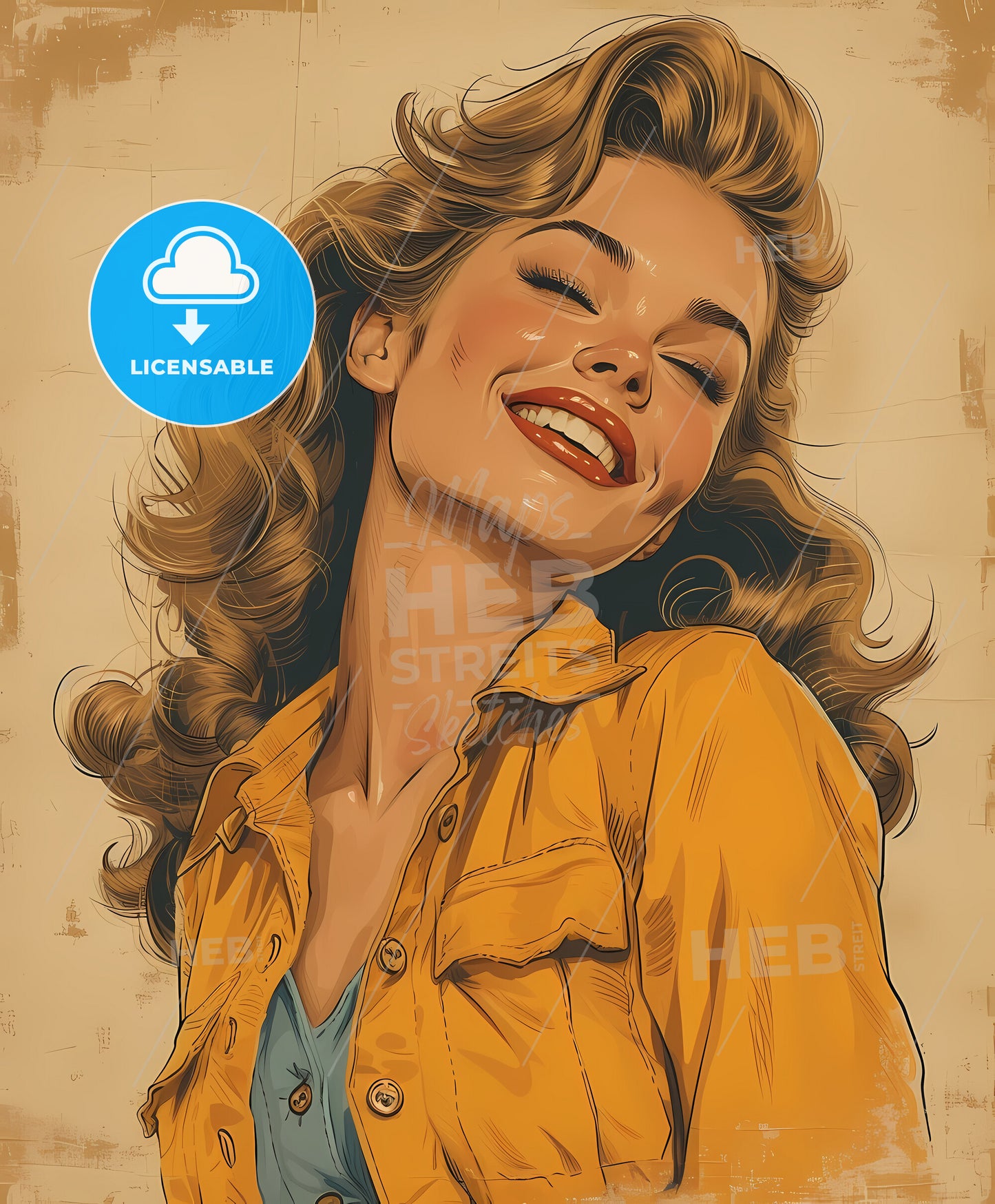 cowgirl, in comic book style, sweeping overdrawn lines, a woman with long hair and a yellow shirt