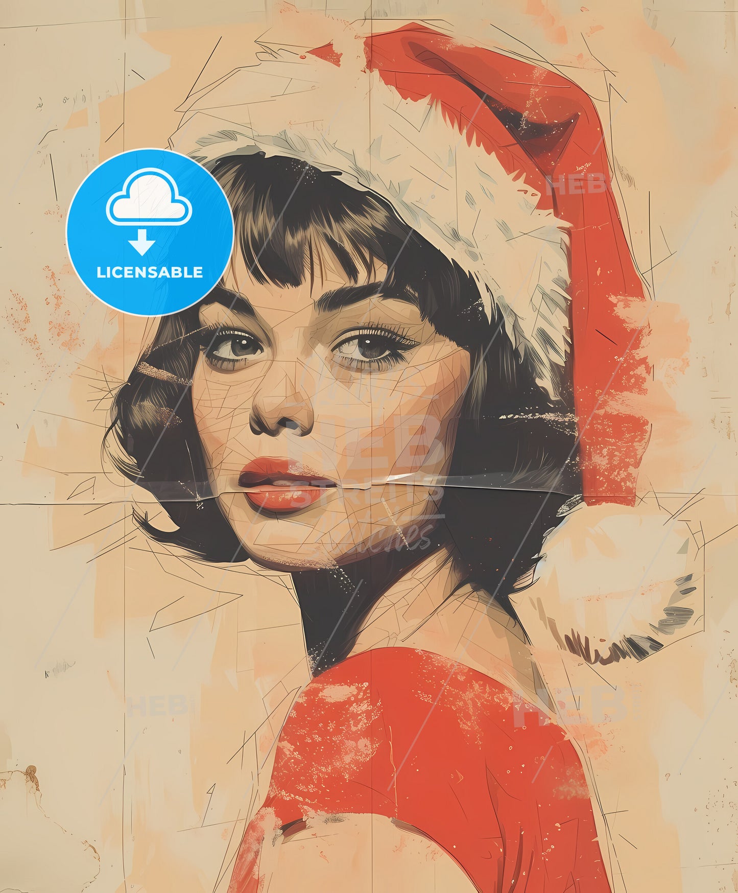 Beautiful , santa, sweeping overdrawn lines, a woman wearing a santa hat