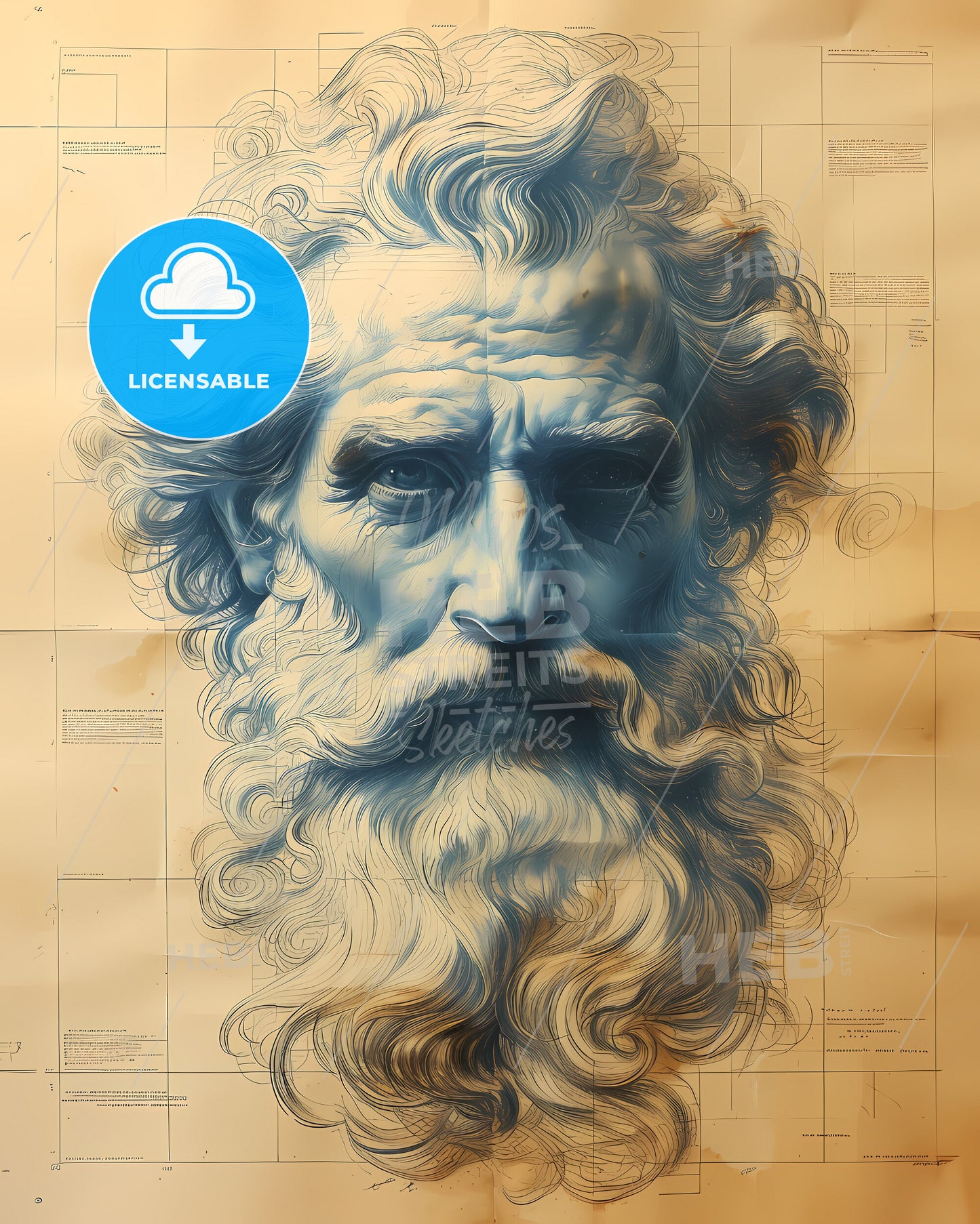 Poseidon, Neptune, God of the Sea, a drawing of a man with a beard