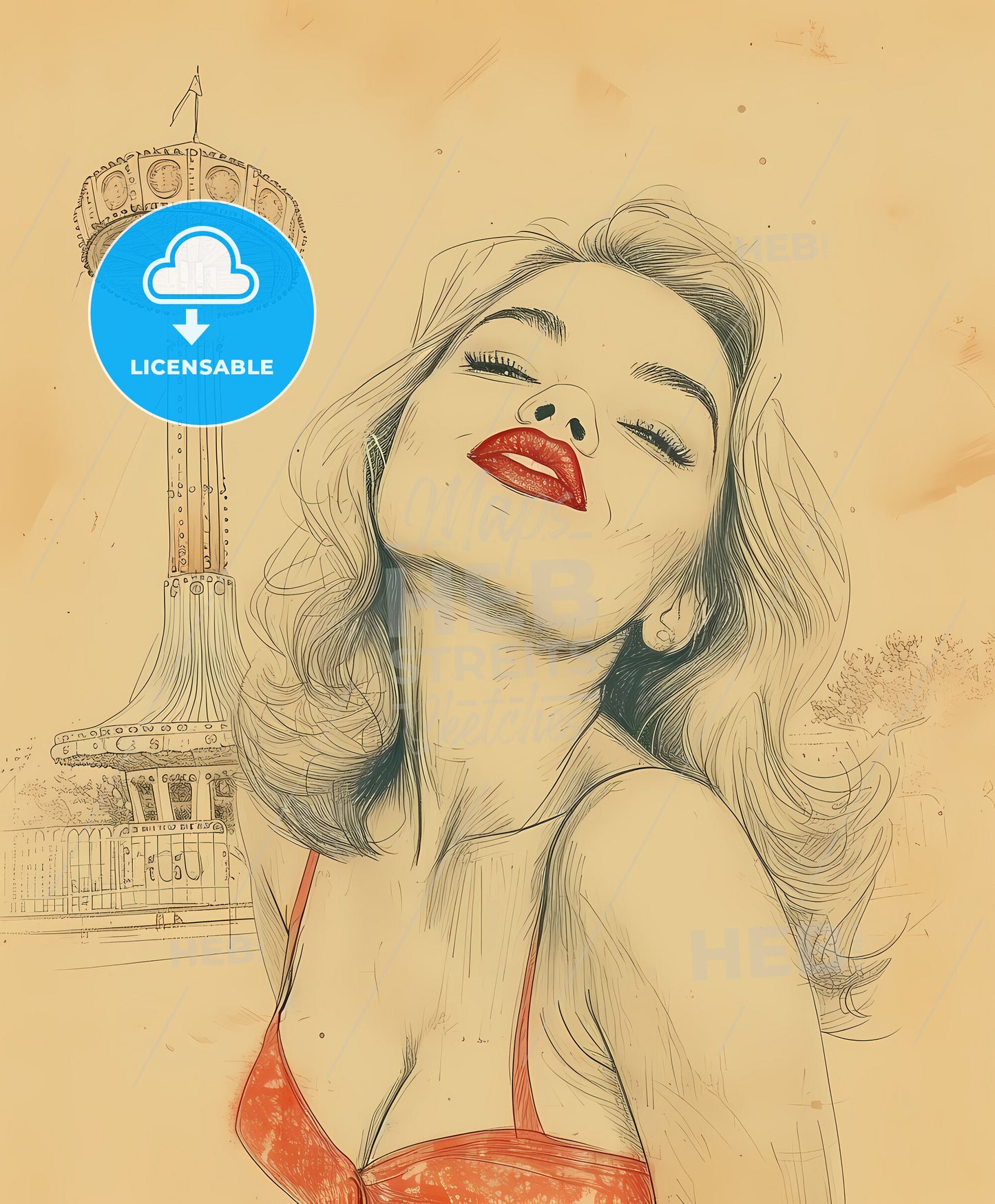 beautiful , girl, overdrawn lines, a woman with red lips and red lipstick