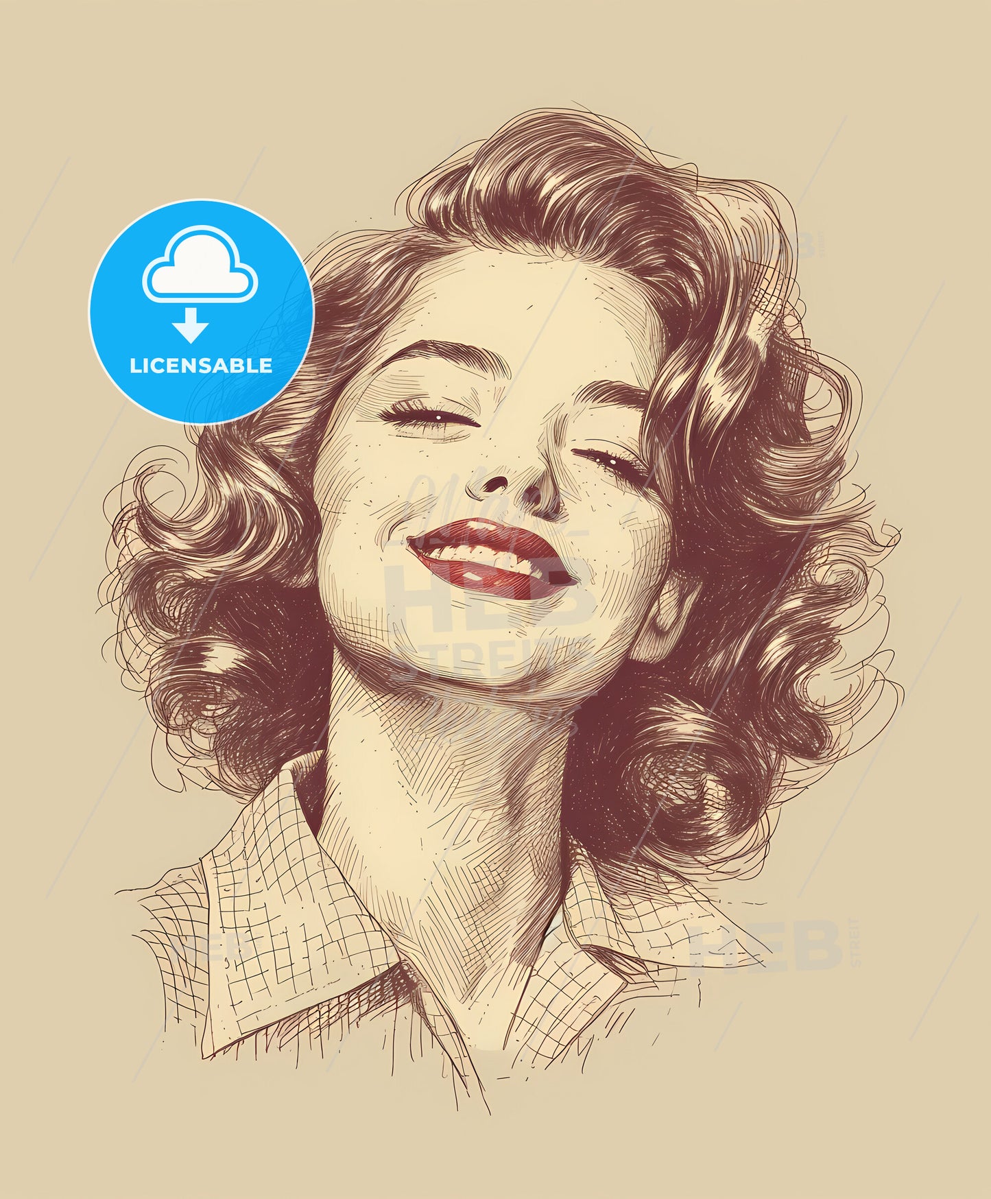 Celebrating, winner, sweeping overdrawn lines, a woman with curly hair and red lipstick