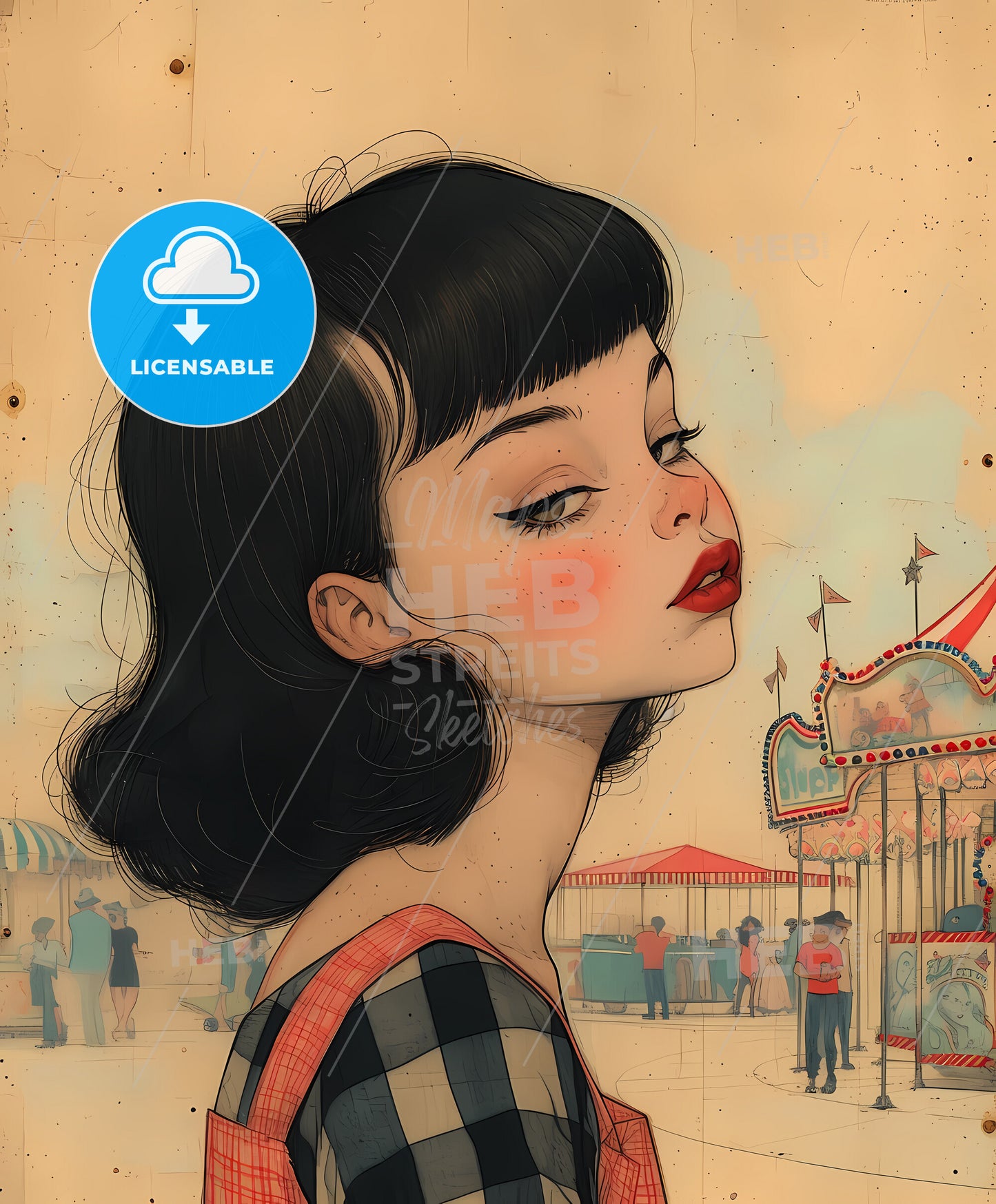 beautiful , girl, overdrawn lines, a woman with black hair and red lips