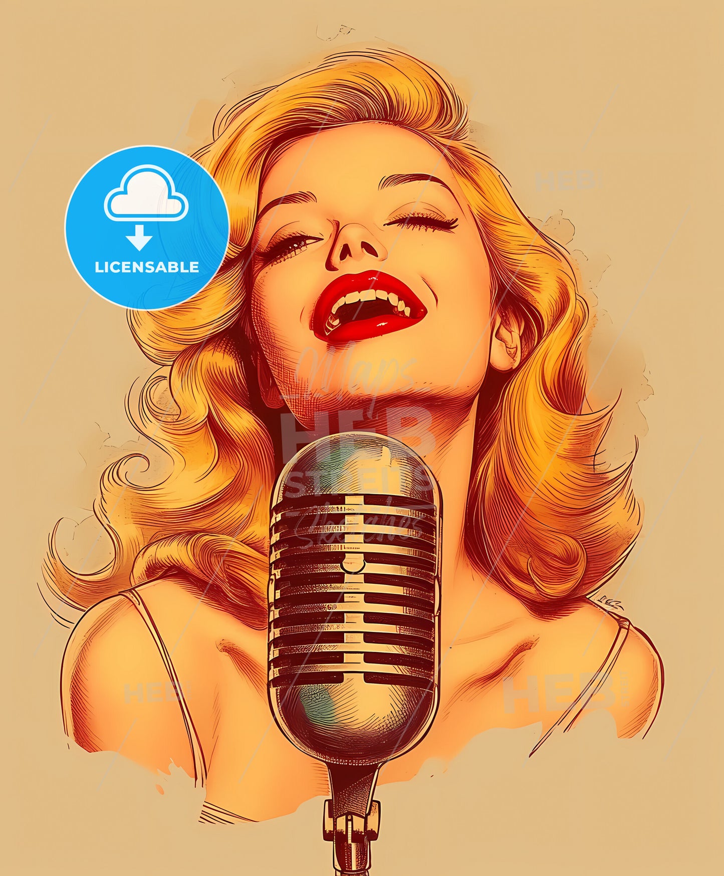 A young beautiful, blonde, film noir style, a woman singing into a microphone
