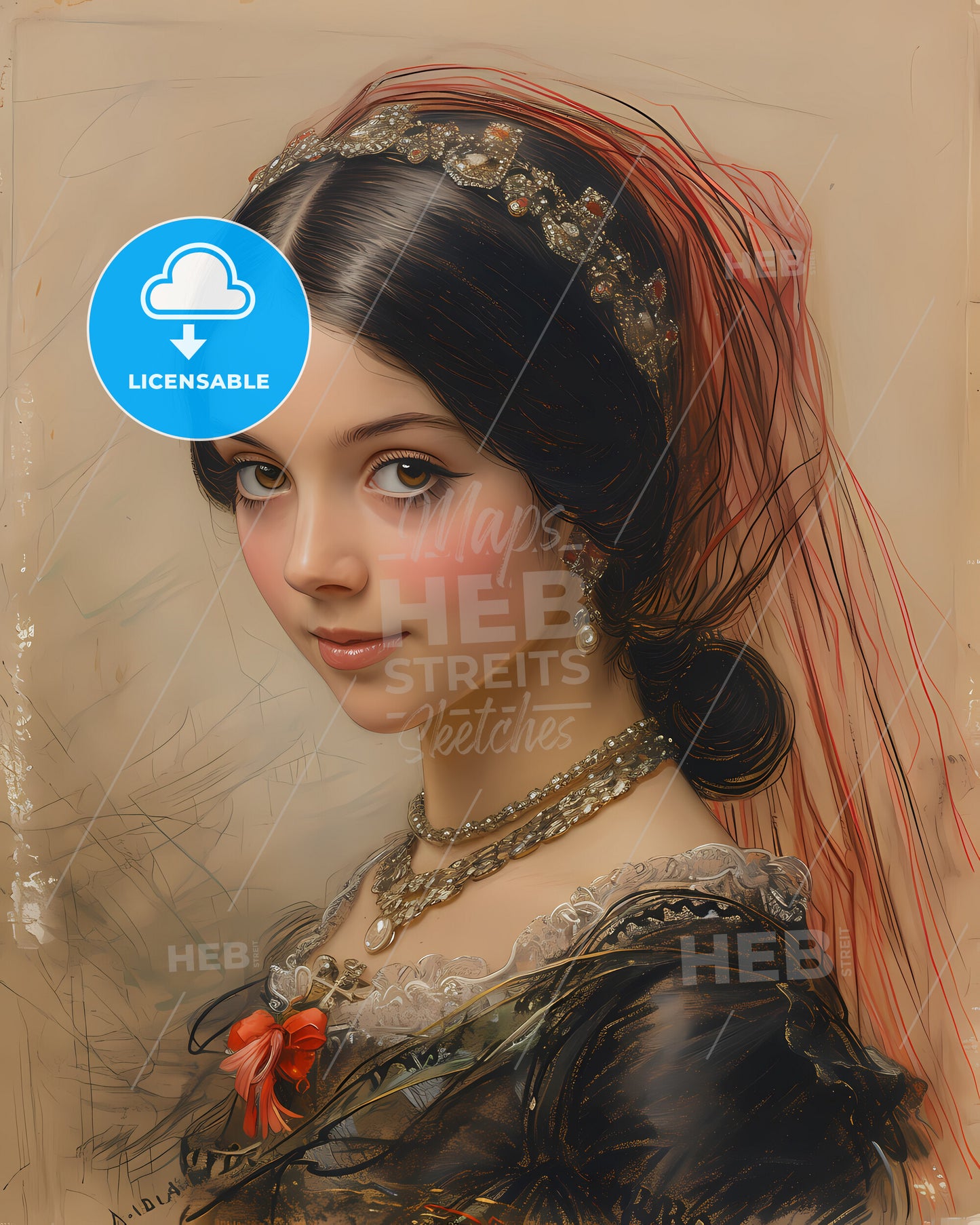 Isabella II, Queen of Spain, 1830 - 1904, a woman with a veil and a necklace