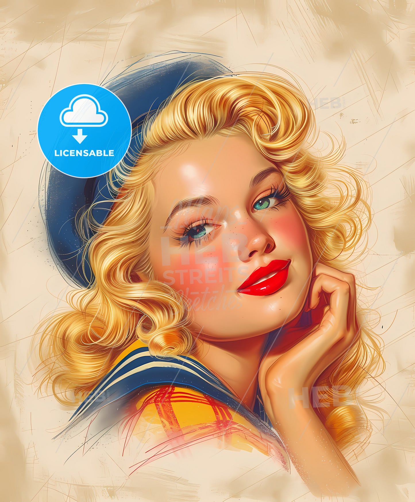 sailor, girl, a woman with blonde hair wearing a blue hat and red lipstick