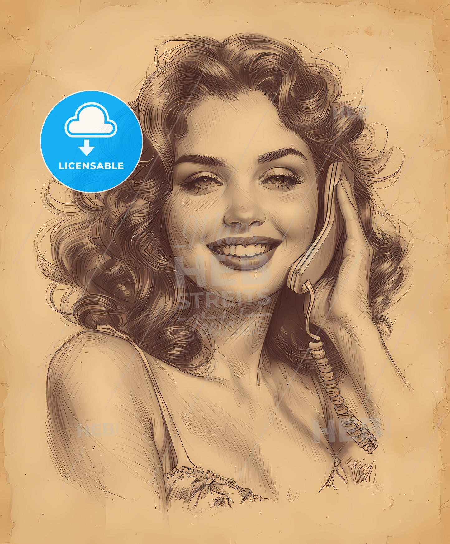 Emotional, pin-up, sweeping overdrawn lines, a woman holding a phone to her ear