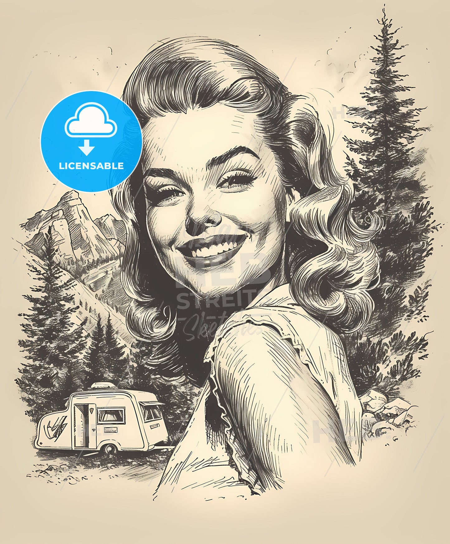 camper, caravan, a woman smiling in front of a camper