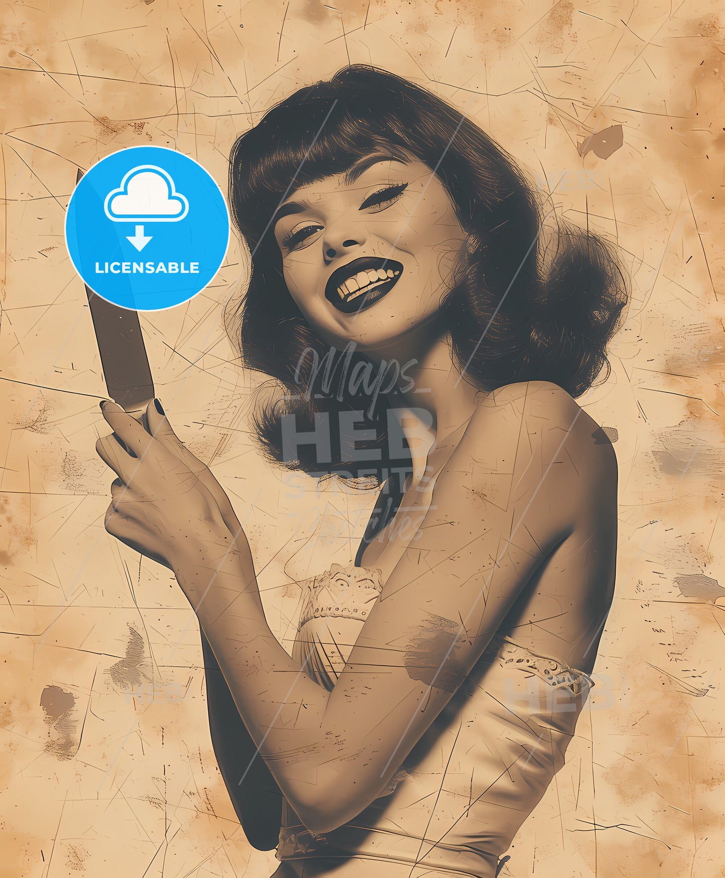 pretty girl, 50s style retro, film noir style, a woman holding a knife