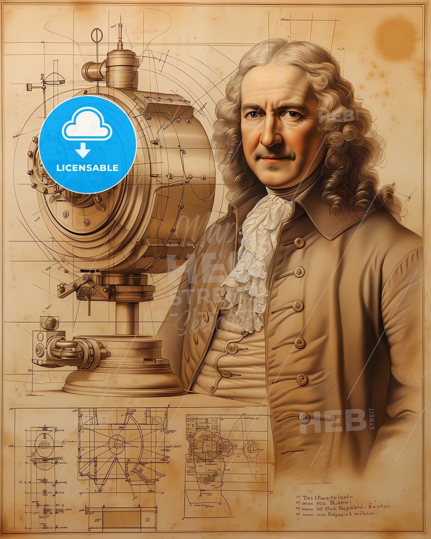 Thomas, Newcomen, 1664 - 1729, a drawing of a man with a long curly hair and a large round machine