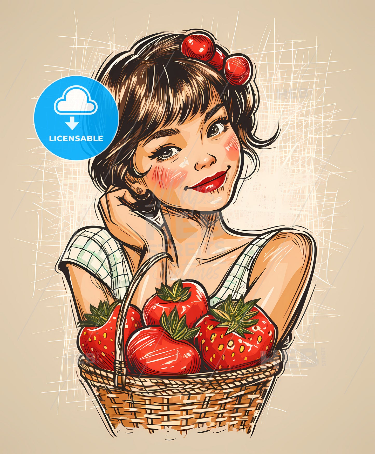 Happy, attracttive, sweeping overdrawn lines, a woman holding a basket of strawberries