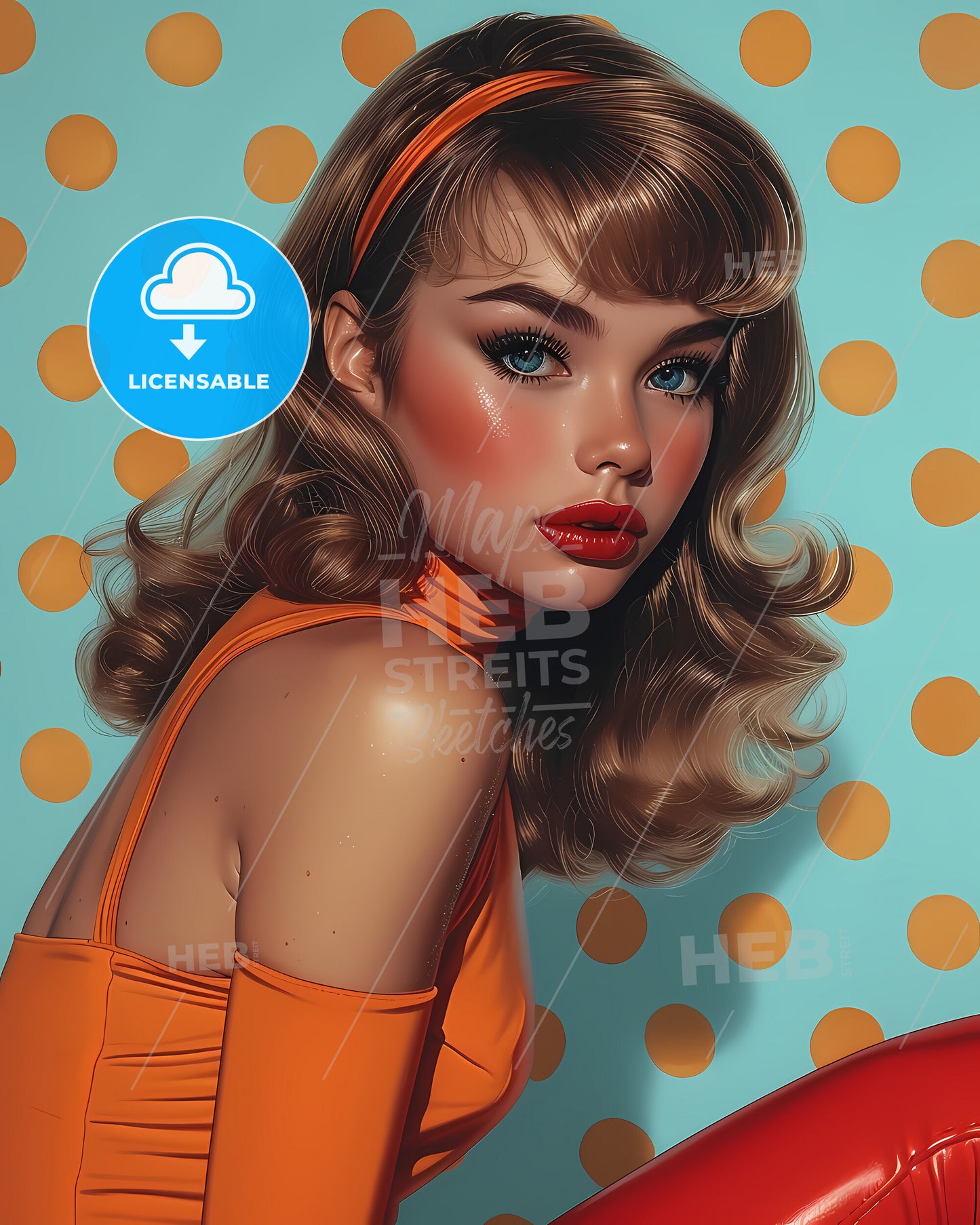 pin-up, girl full body sitting, Vintage art illustration, a woman with long brown hair and red lipstick