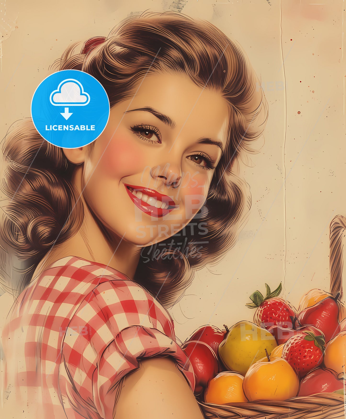 Happy, attracttive, sweeping overdrawn lines, a woman smiling with a basket of fruit