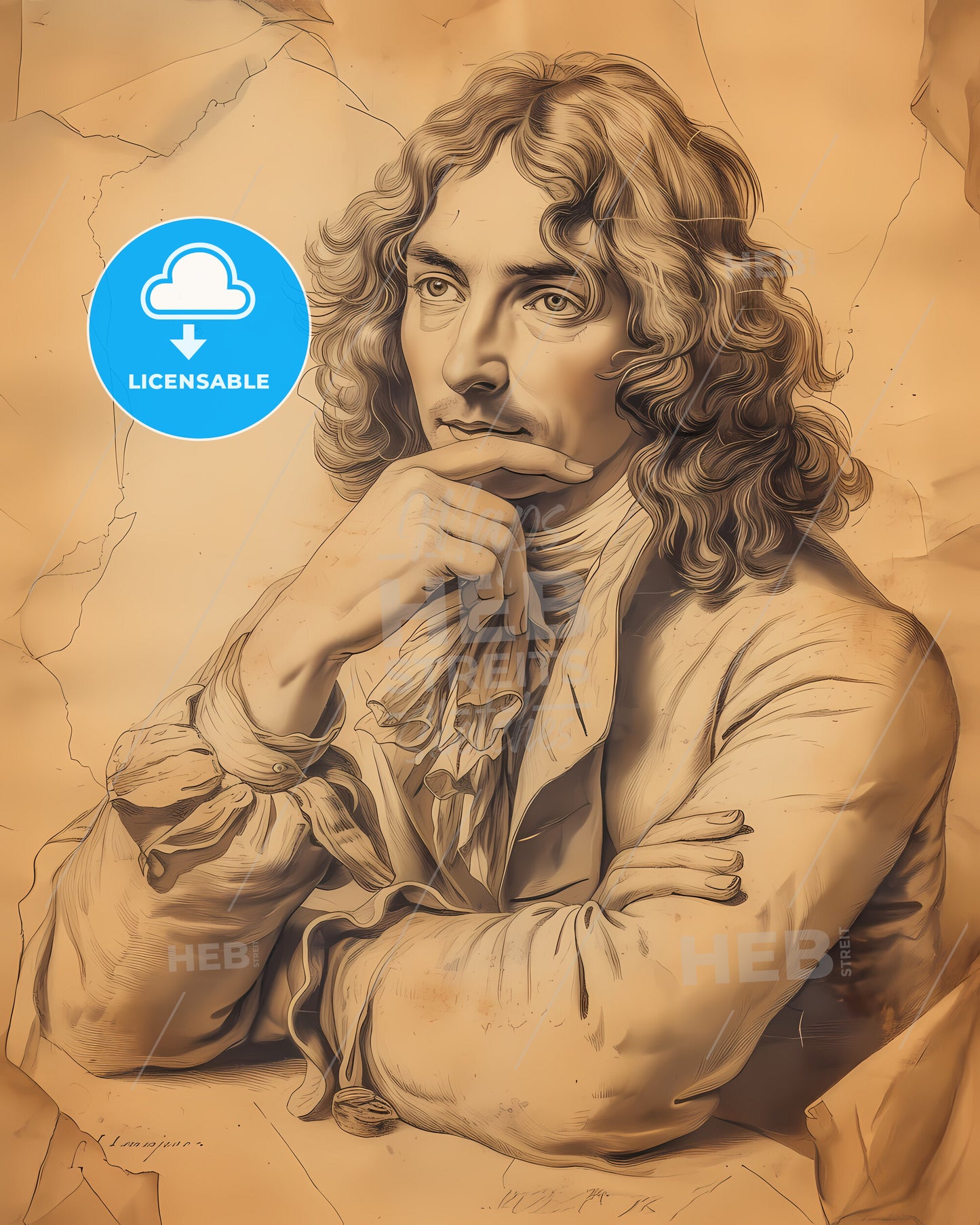 John, Flamsteed, 1646 - 1719, a drawing of a man with his hand on his chin