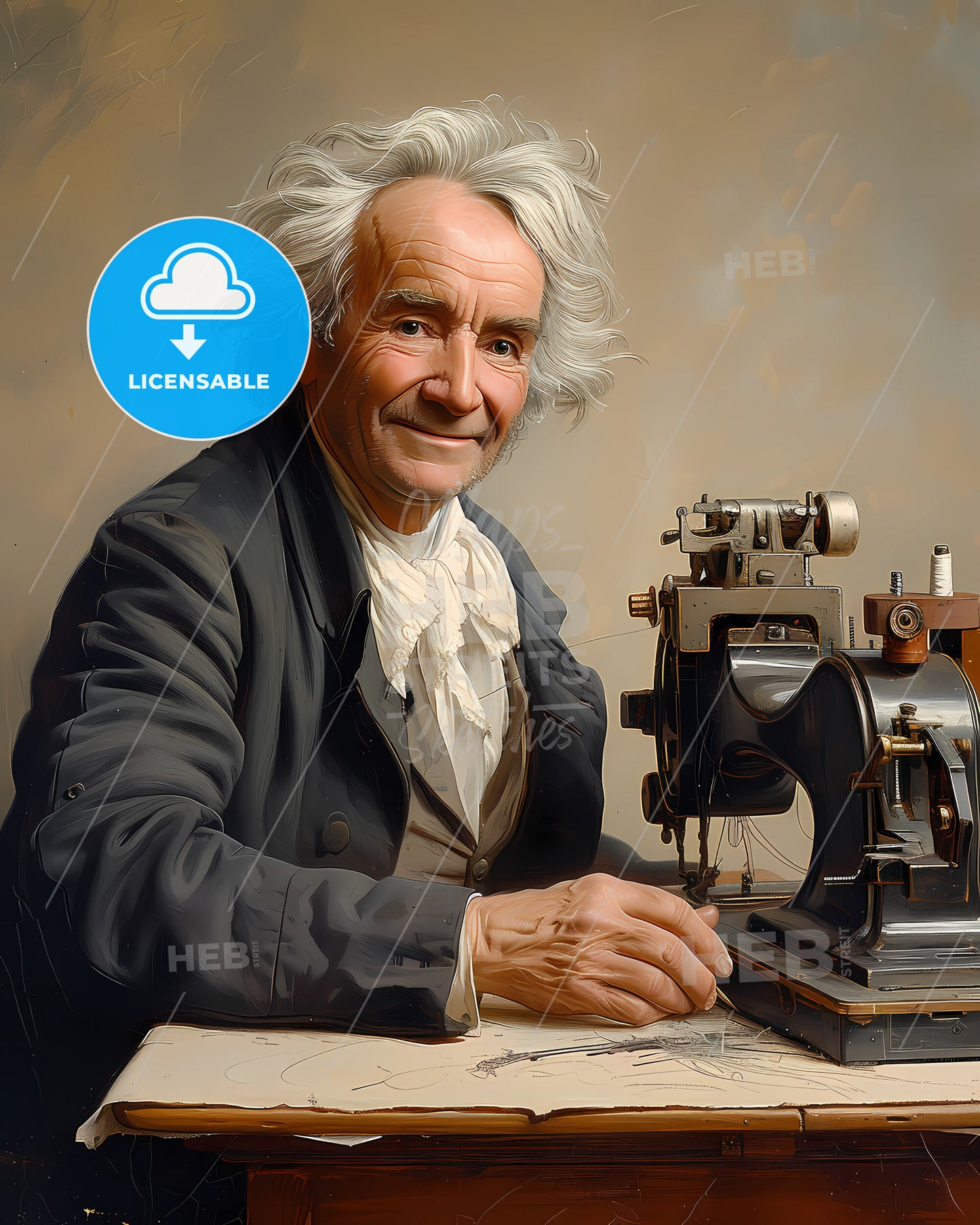 Thomas, Saint, c. 1780 - 1830, a man sitting at a table with a sewing machine