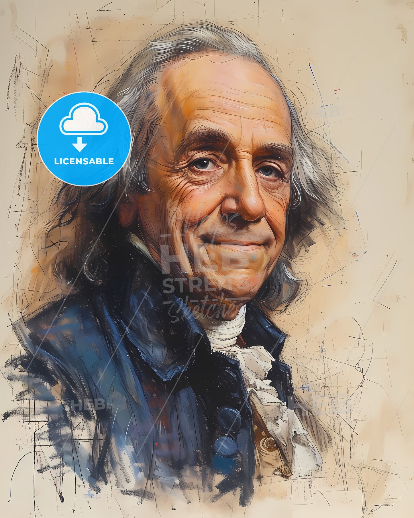 Benjamin, Franklin, 1706 - 1790, a man in a blue vest