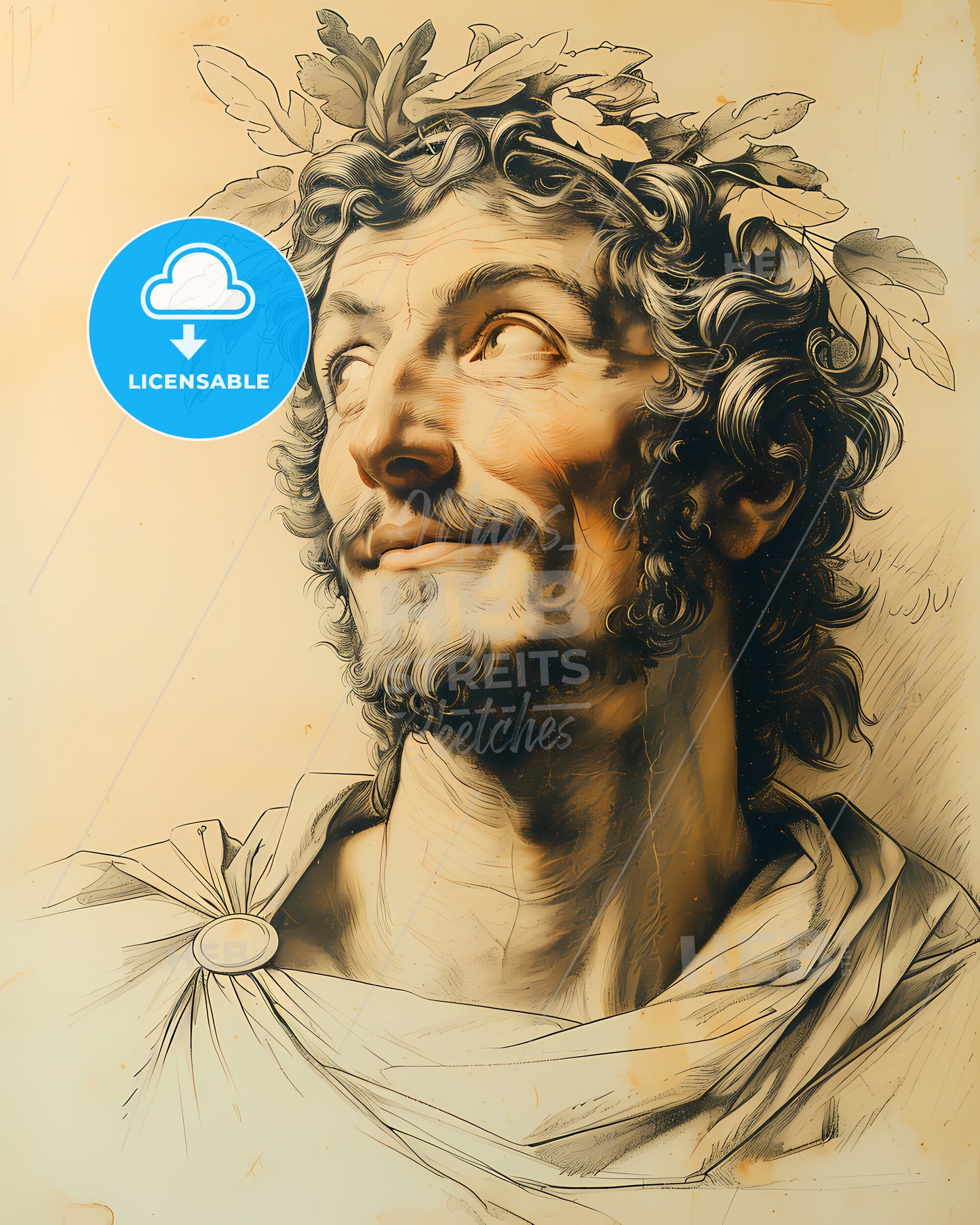 Virgil, 70 BCE- 19 BCE, a drawing of a man with a beard and a crown of leaves