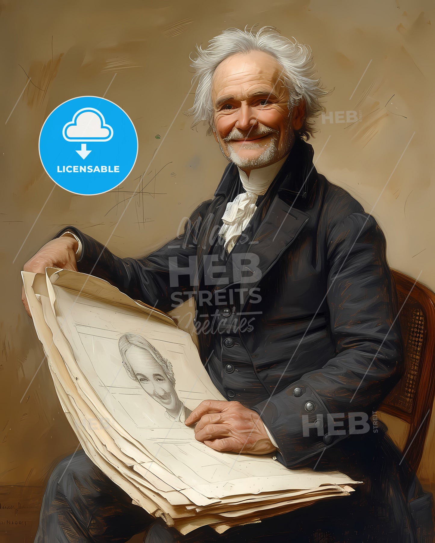 Louis, Daguerre, 1787 - 1851, a man sitting in a chair holding a large piece of paper