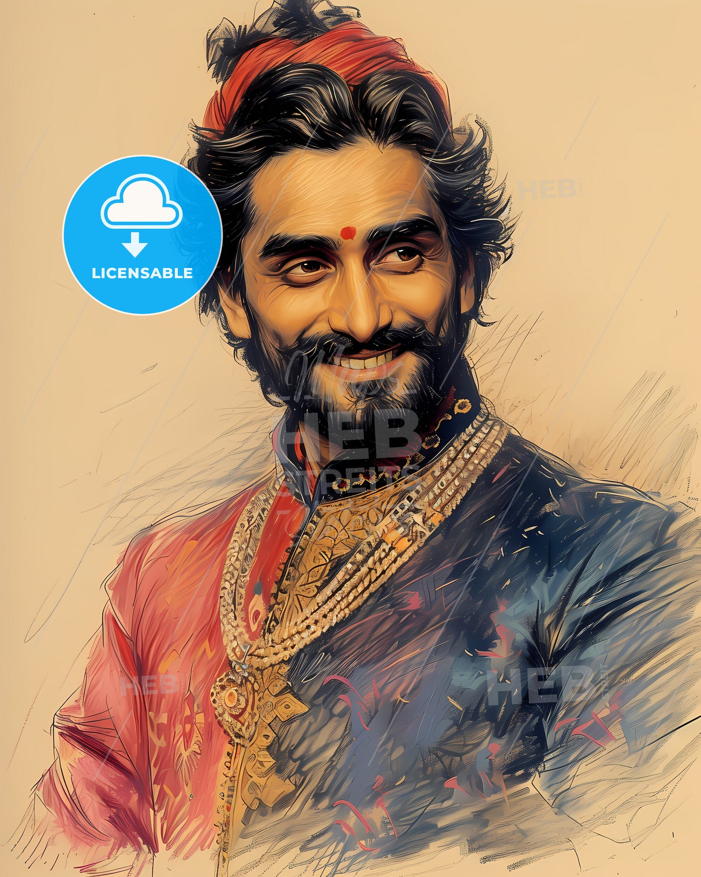 Shah, Jahan, 1592 - 1666, a man with beard and mustache wearing a red and blue shirt