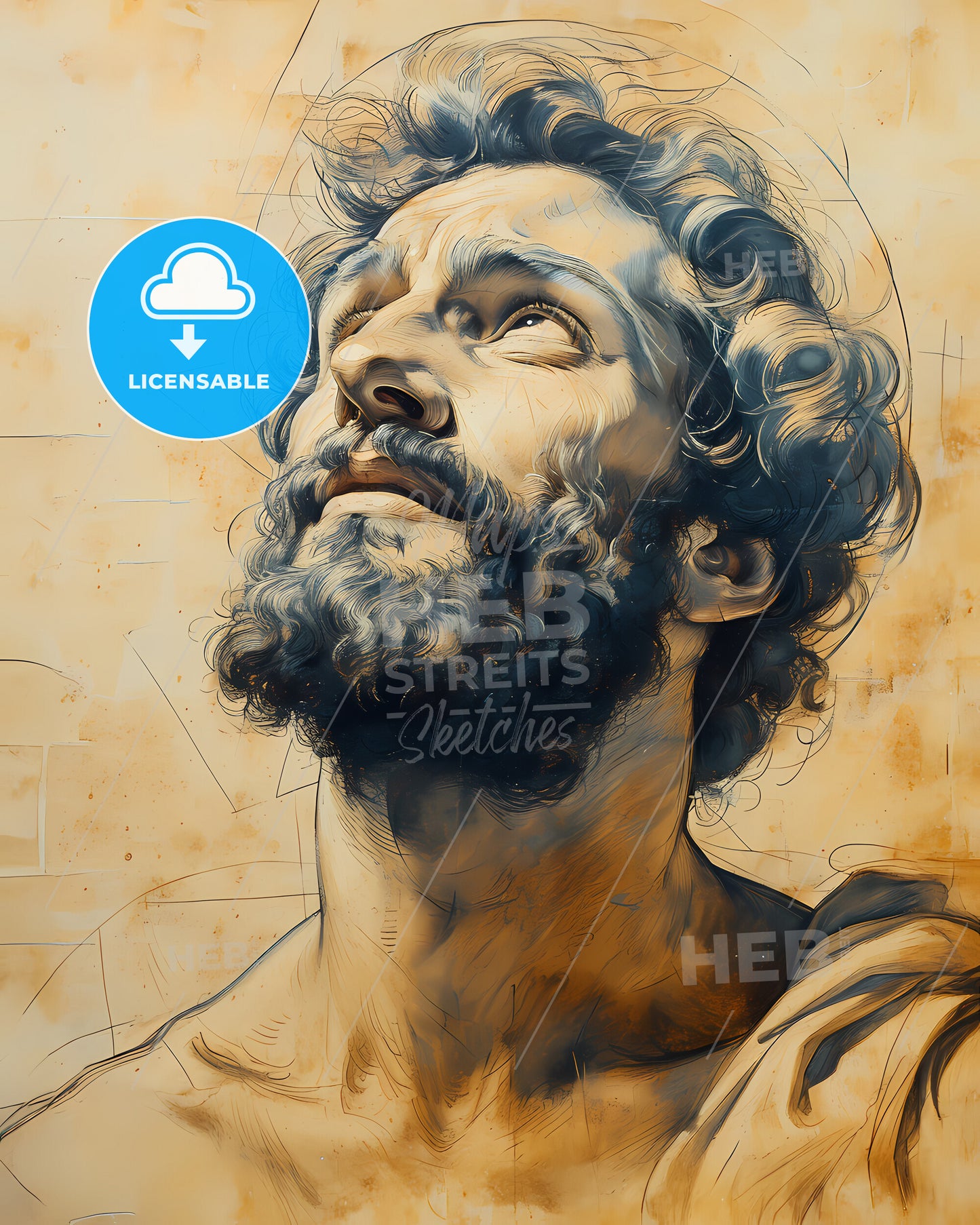 Virgil, 70 BCE- 19 BCE, a drawing of a bearded man