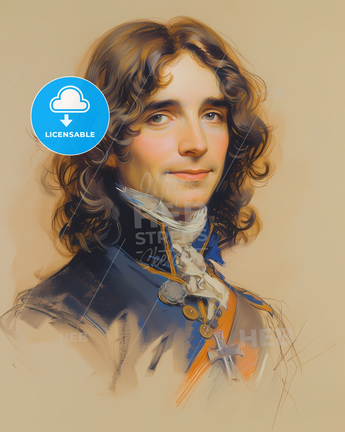 William III, of Orange, 1650 - 1702, a man with long hair wearing a blue coat