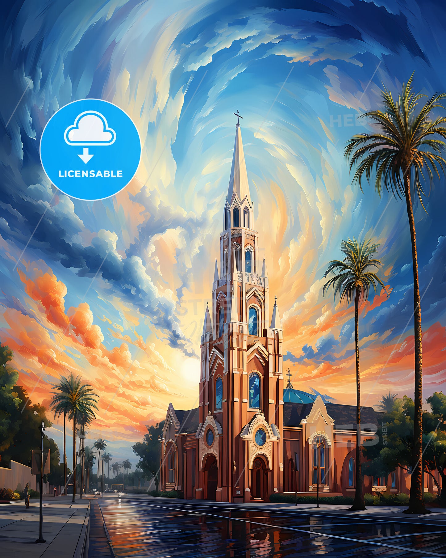 Buena Park, California, a church with palm trees and a sunset sky