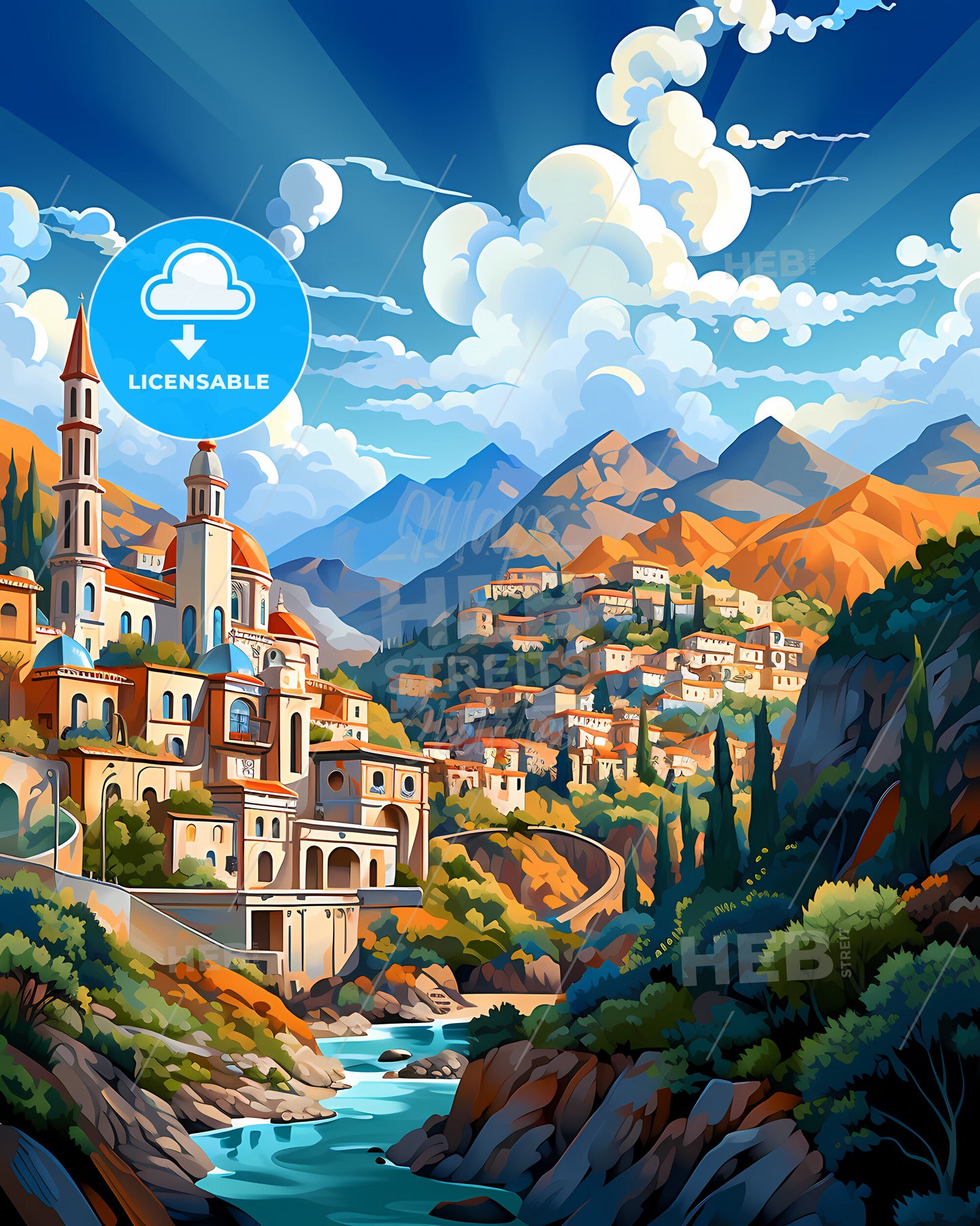 Lamezia Terme, Italy, a painting of a town in the mountains