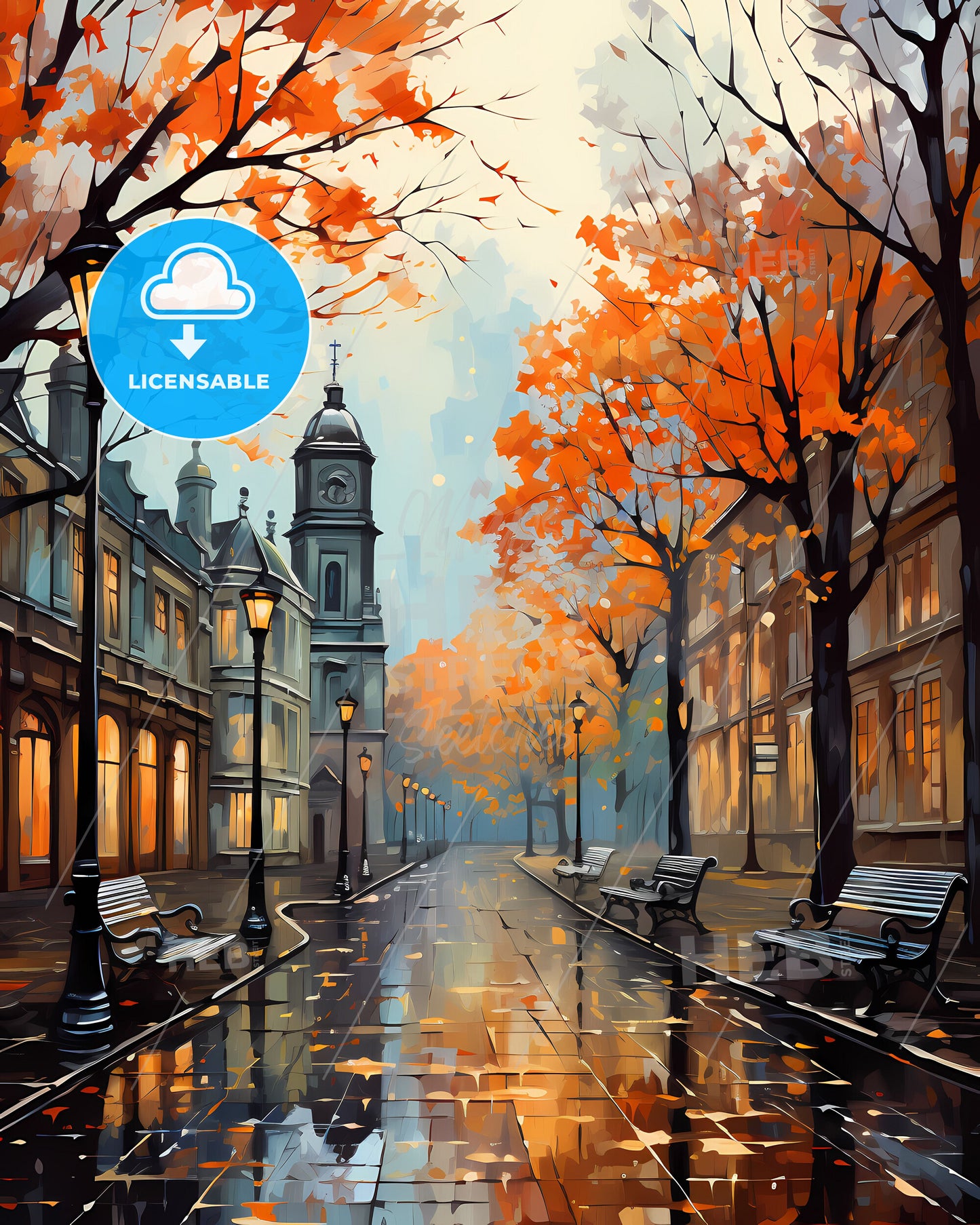 Warrington, North West England, a street with benches and trees in front of a clock tower