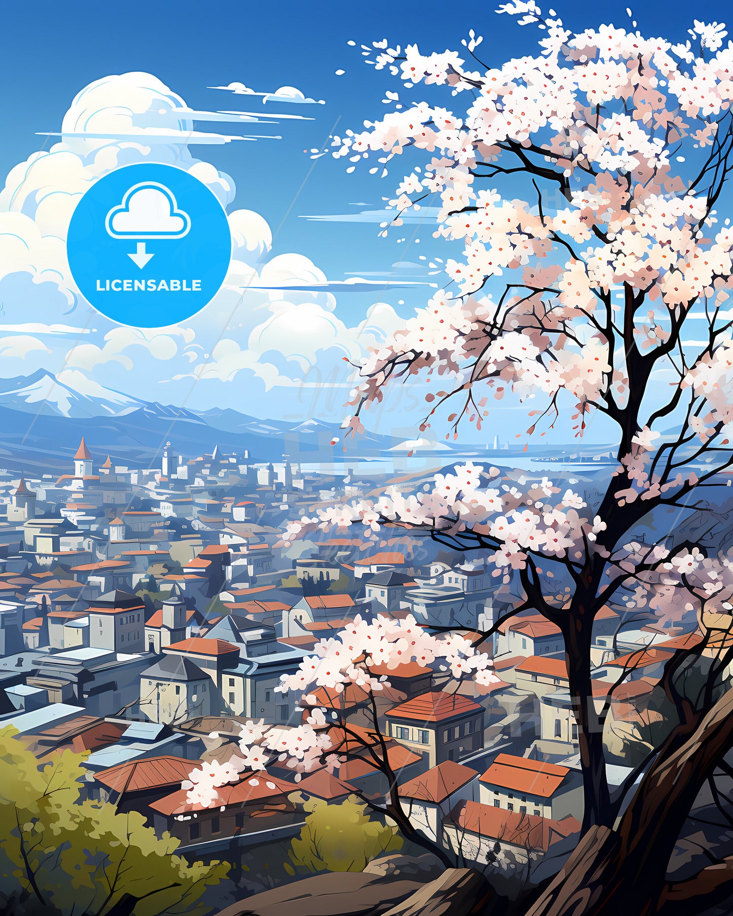 Kyiv, Ukraine, a tree with white flowers in front of a city