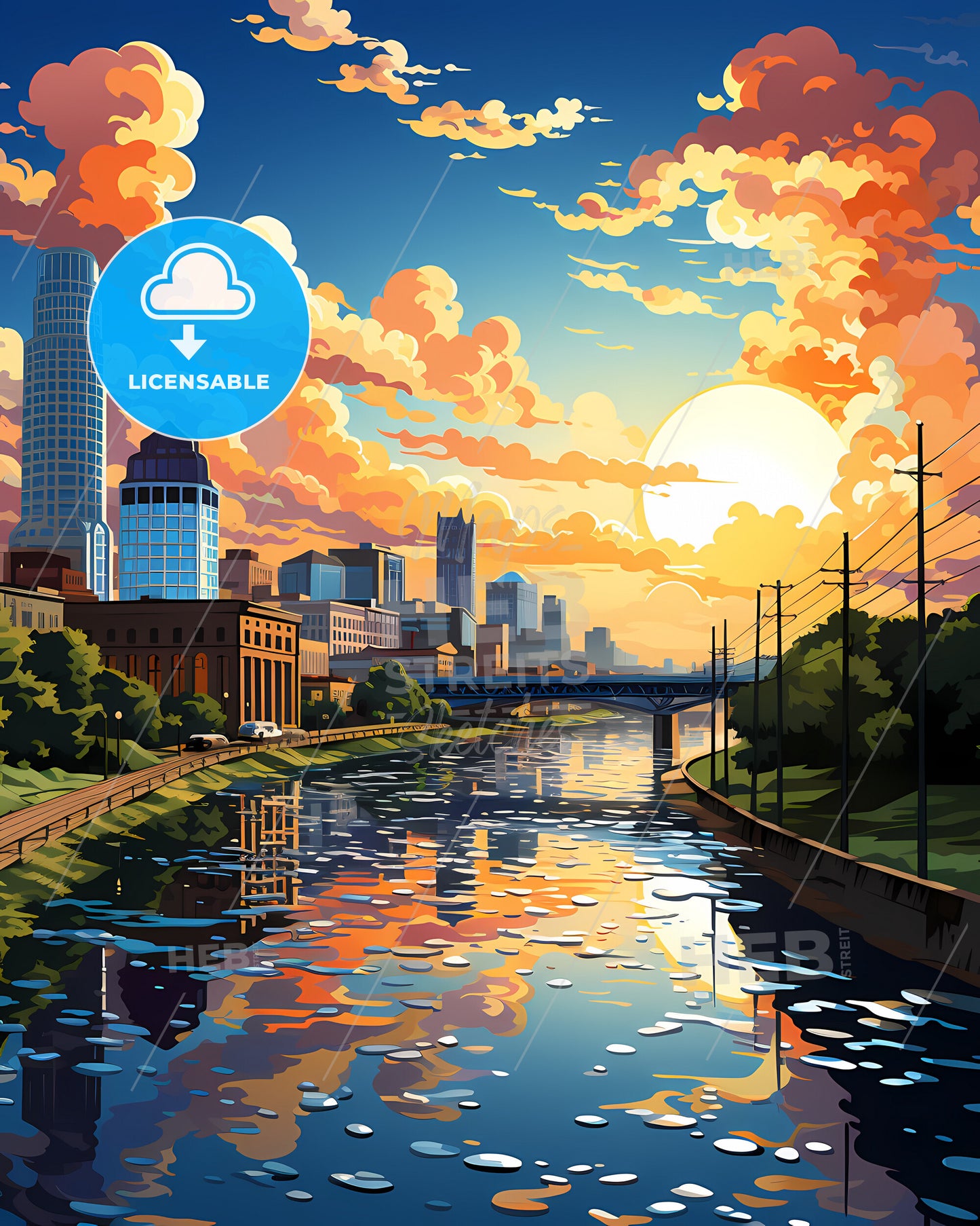 Mobile, Alabama, a river with a city and a bridge