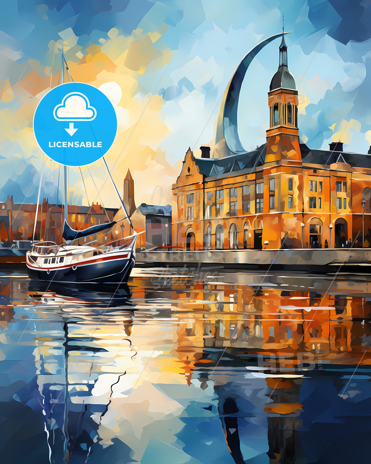 Southampton, South East England, a painting of a building and a boat in water