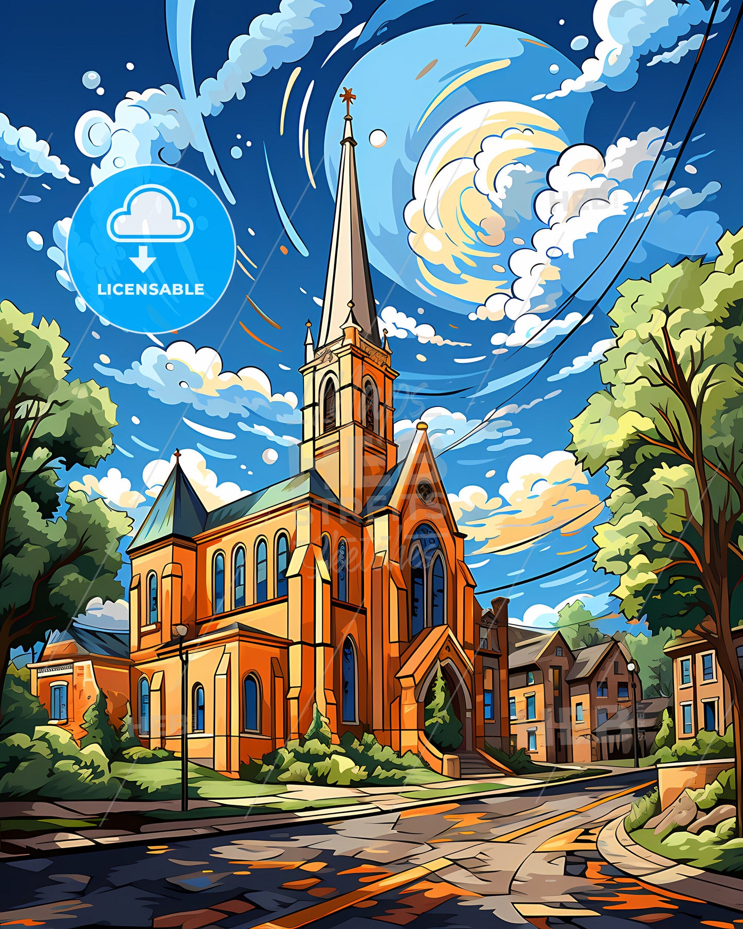 Camden, New Jersey, a church with a steeple and trees