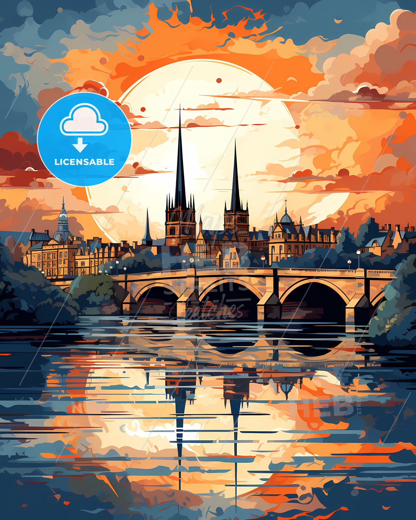 Cambridge, East of England, a bridge over water with a large sun behind it