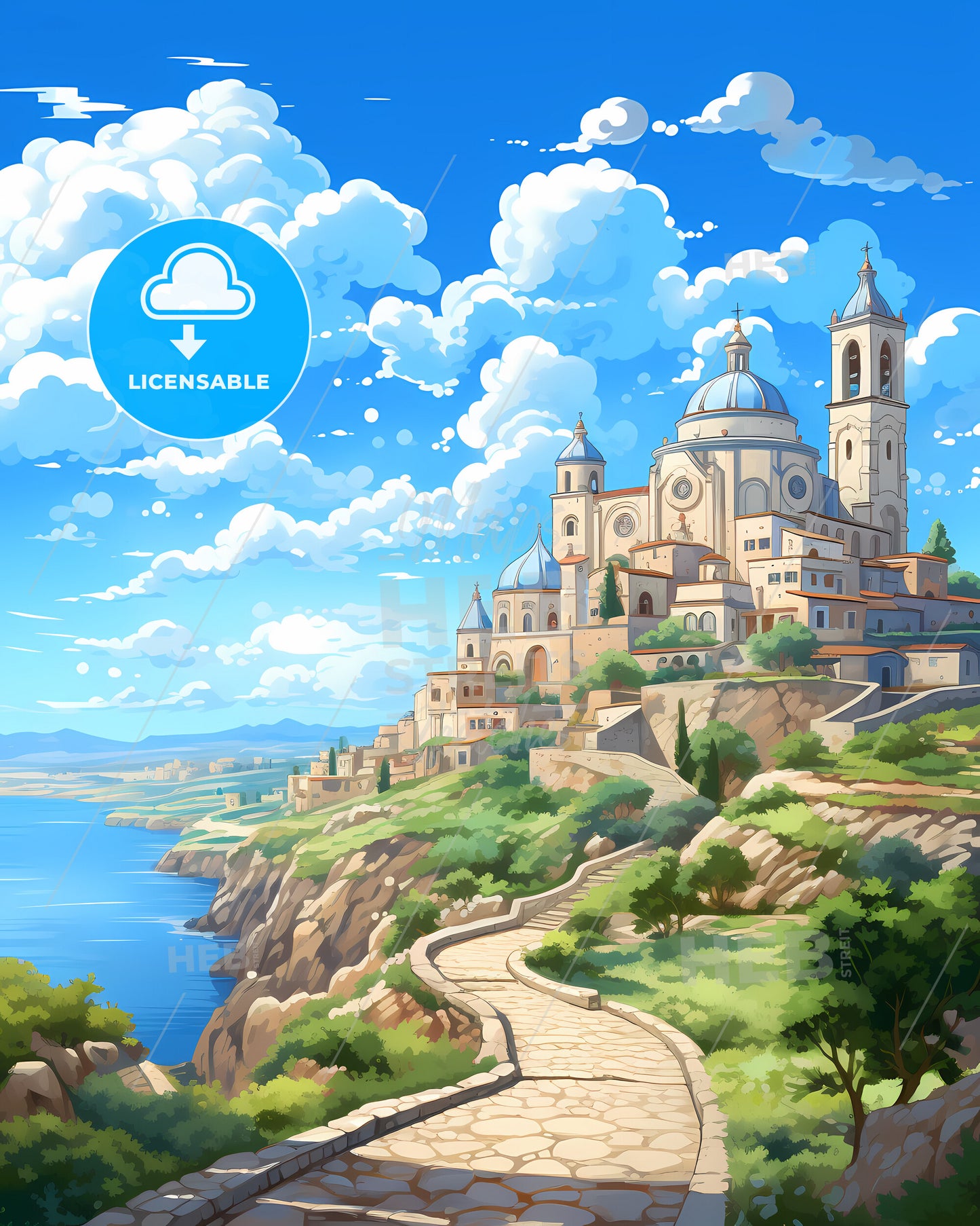 Barletta, Italy, a building on a hill with a path leading to the water