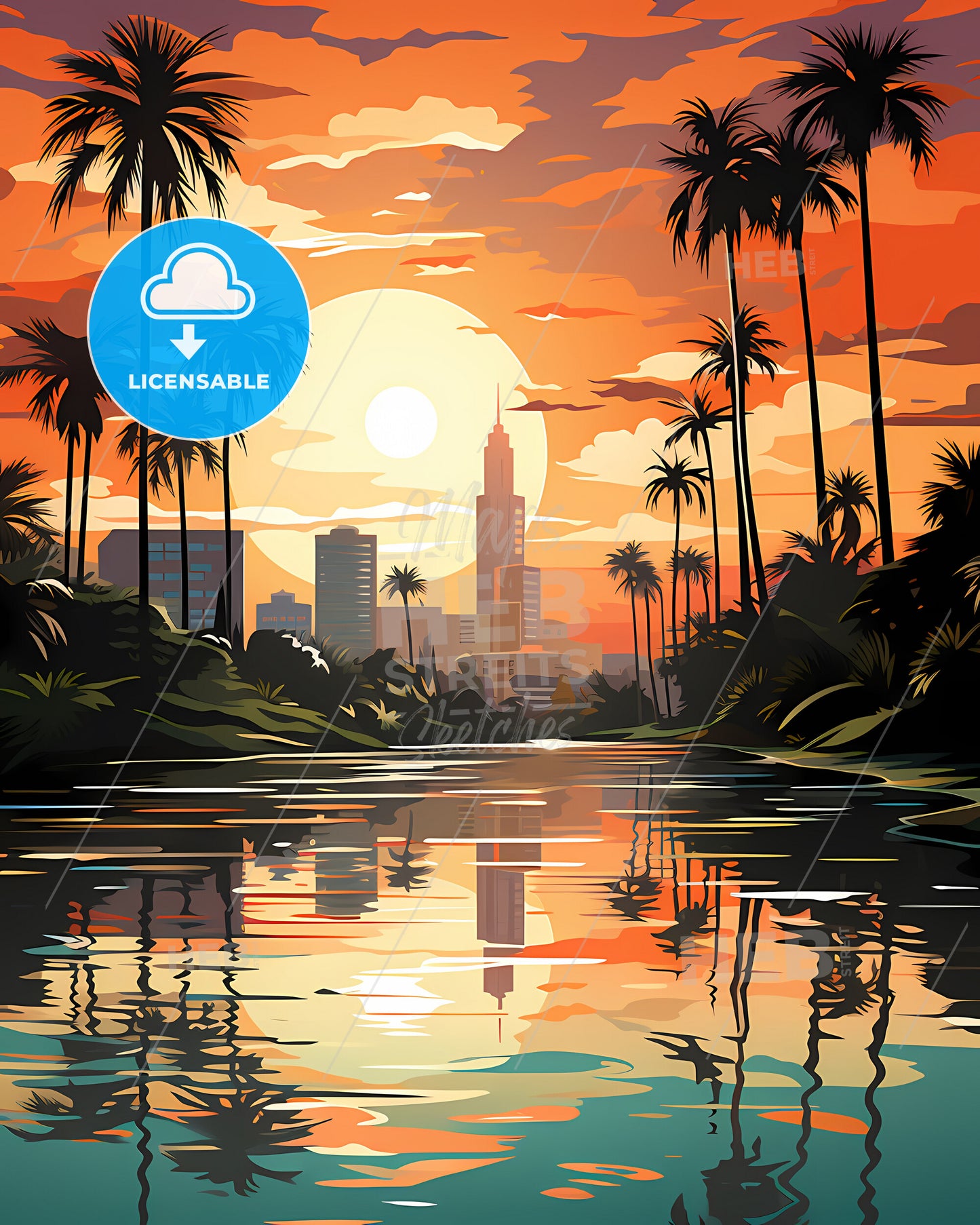 Hollywood, Florida, a sunset over a river with palm trees