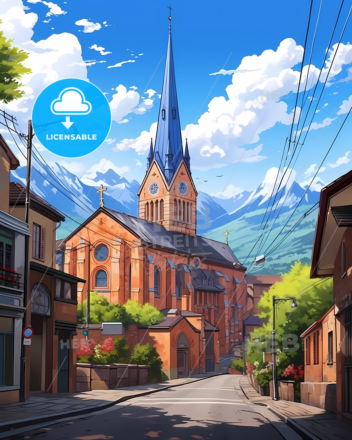 Oviedo, Spain, a street with a church and mountains in the background